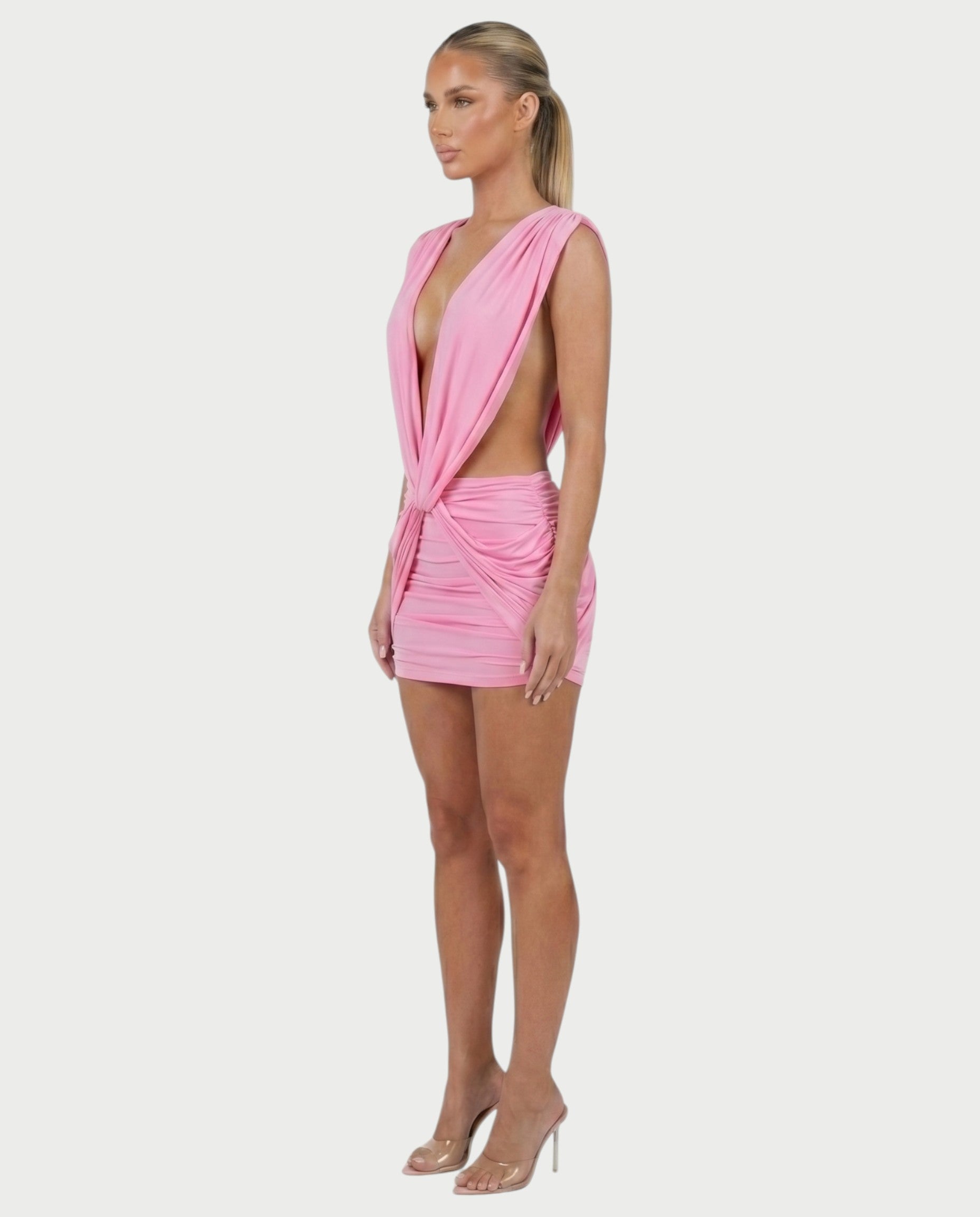 LAZEL Twist-Drape Backless Bodycon Mini Dress