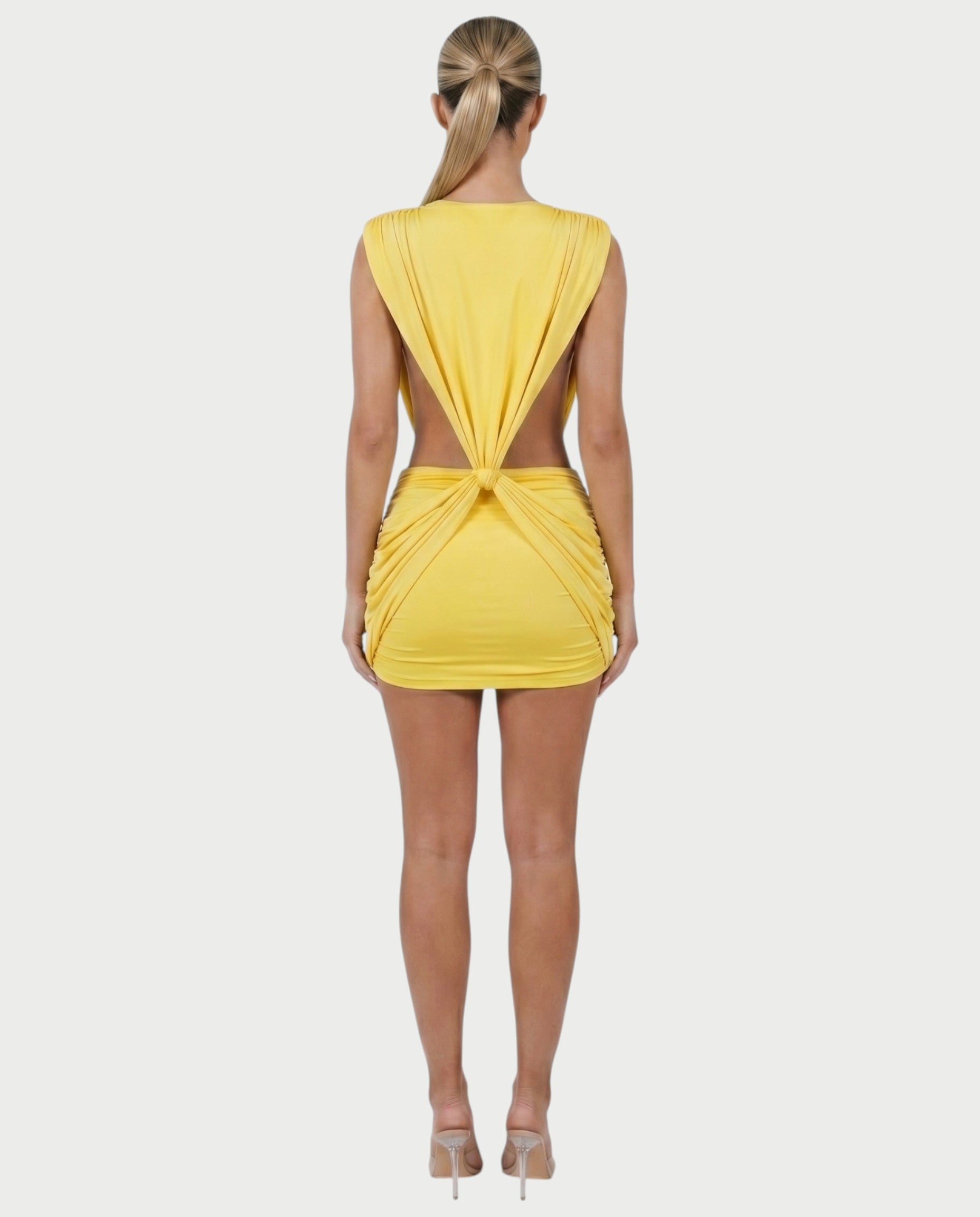 LAZEL Twist-Drape Backless Bodycon Mini Dress