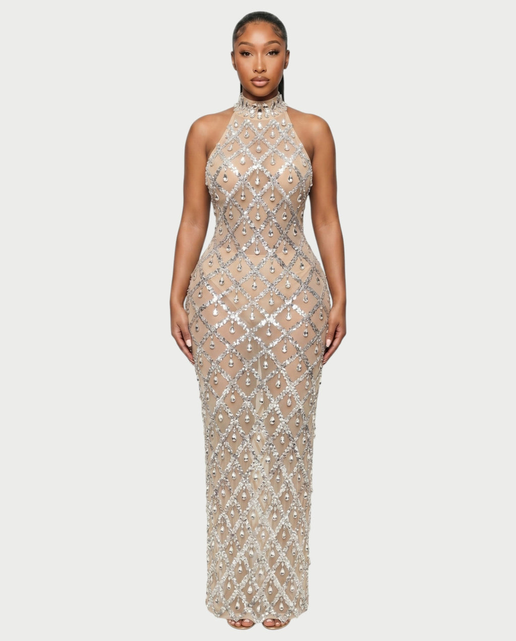 HOPE High Neck Tear Drop Rhinestone Maxi Dress