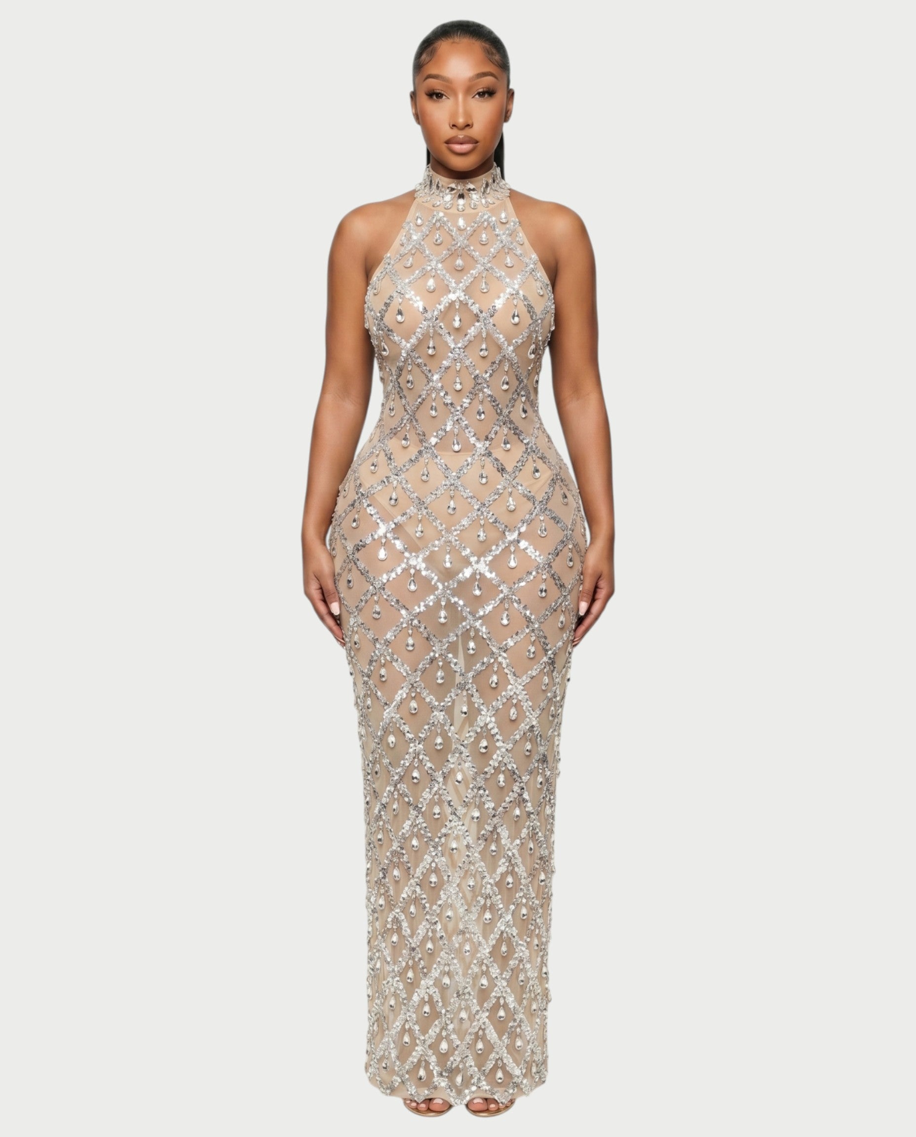 HOPE High Neck Tear Drop Rhinestone Maxi Dress