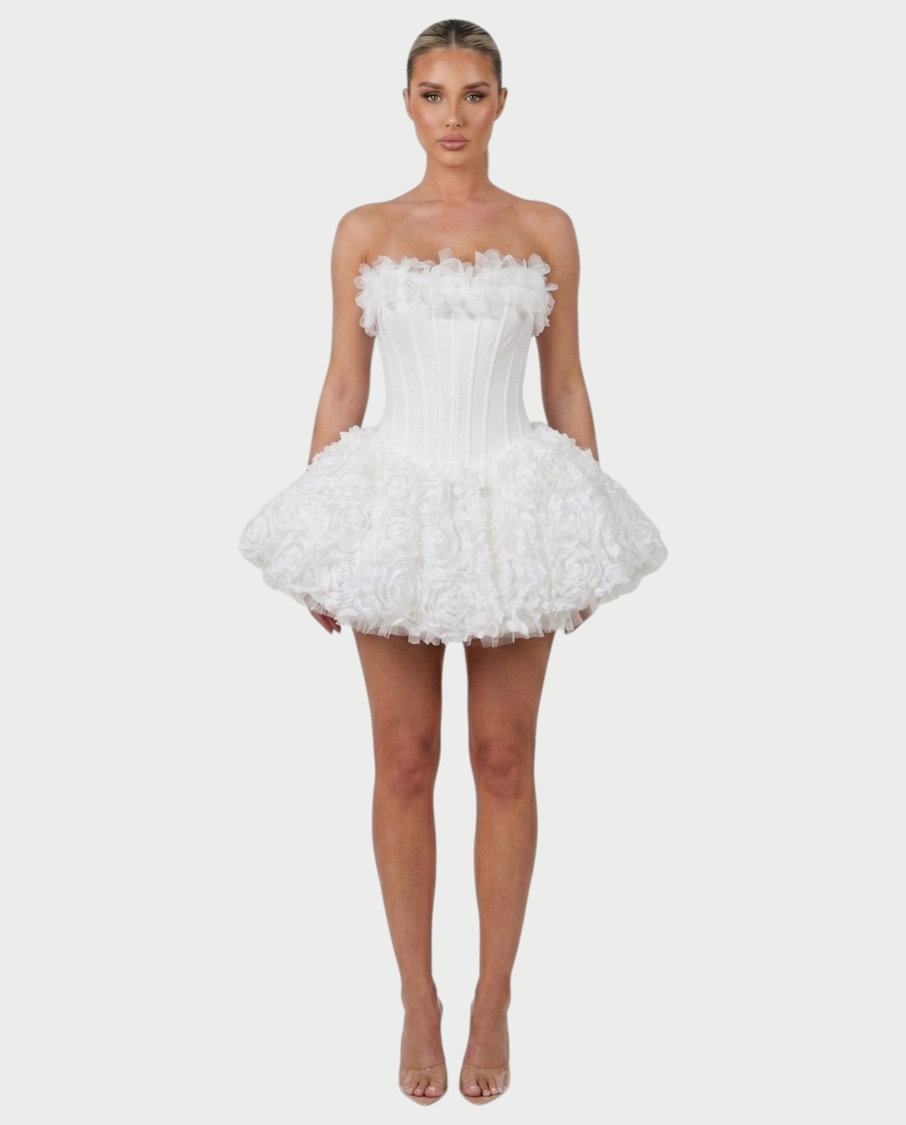 LONEYA Floral Strapless Ruffle Mini Dress