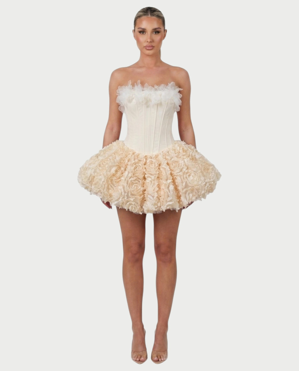 LONEYA Floral Strapless Ruffle Mini Dress