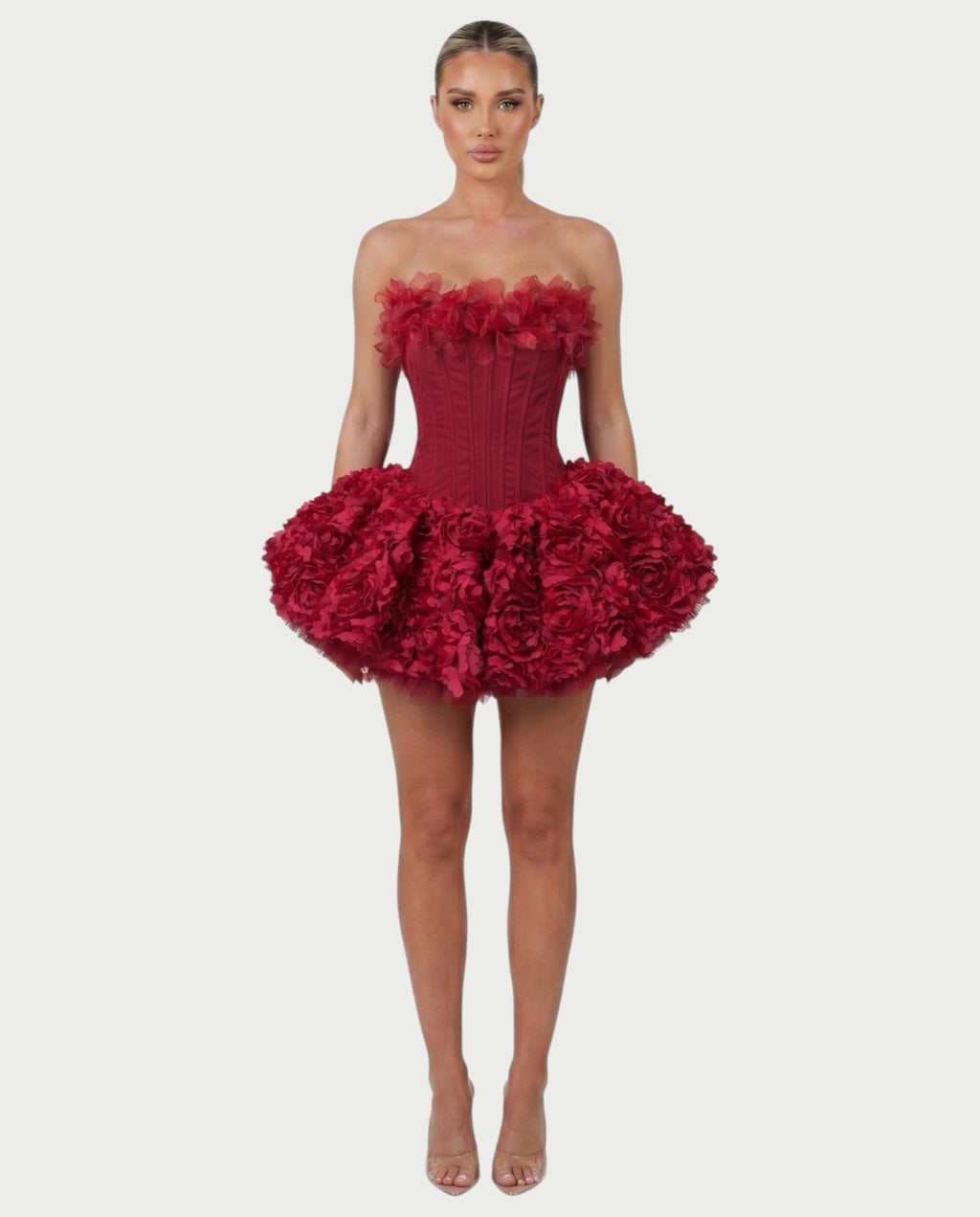 LONEYA Floral Strapless Ruffle Mini Dress