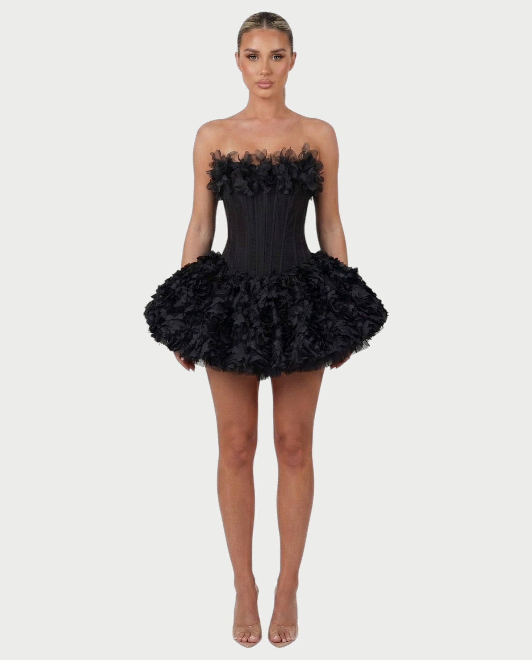LONEYA Floral Strapless Ruffle Mini Dress