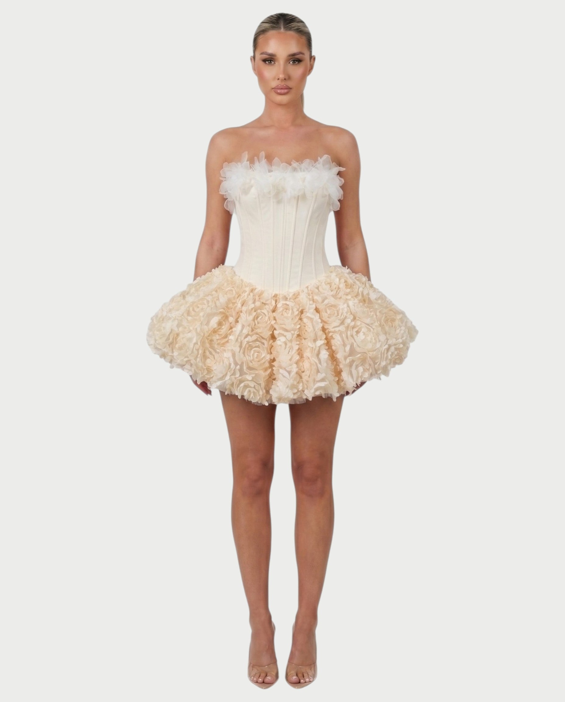 LONEYA Floral Strapless Ruffle Mini Dress