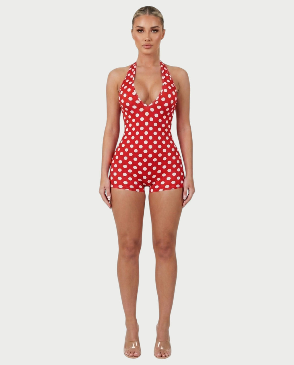 AMESA Retro Polka Dot Halter Tie Romper