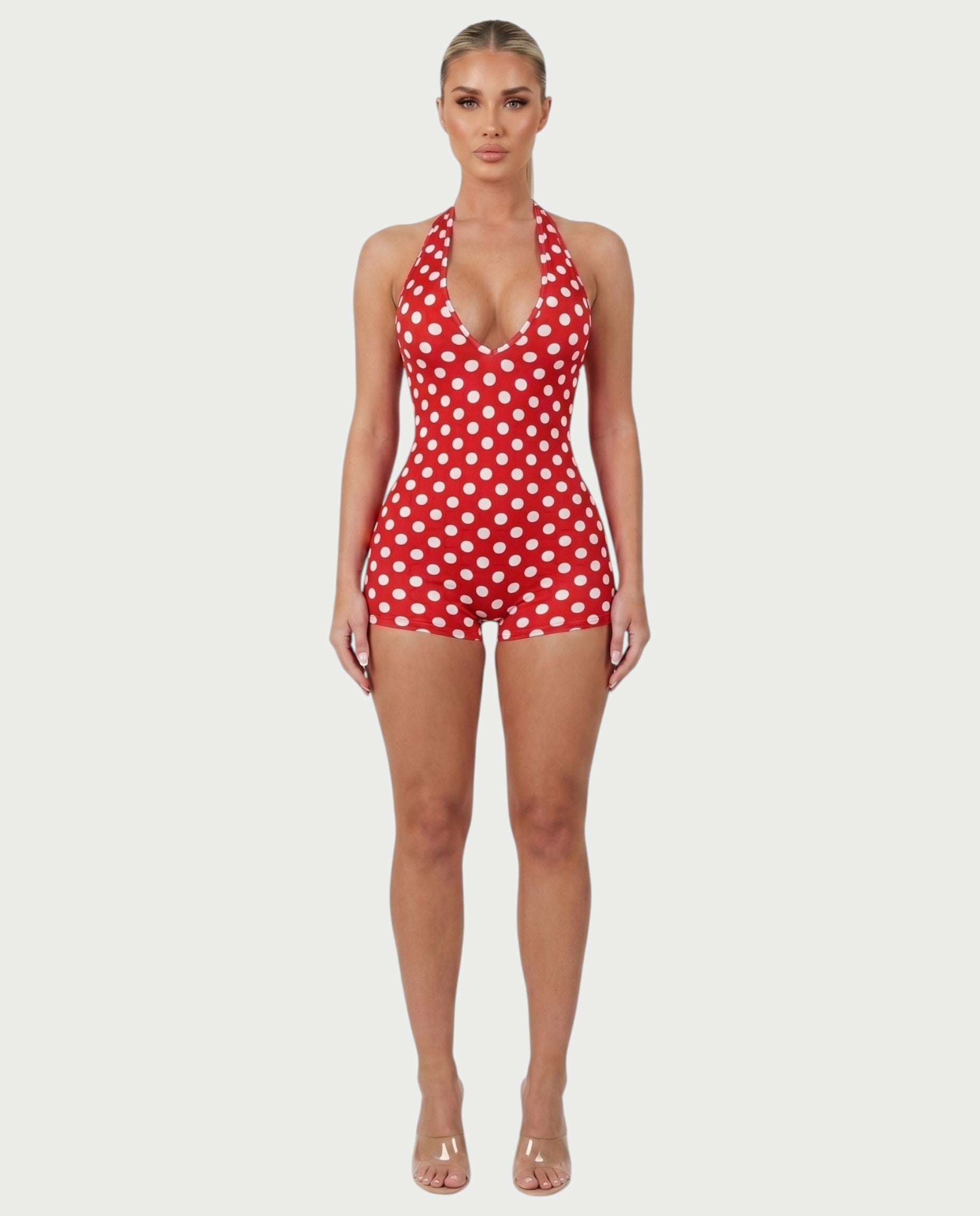 AMESA Retro Polka Dot Halter Tie Romper