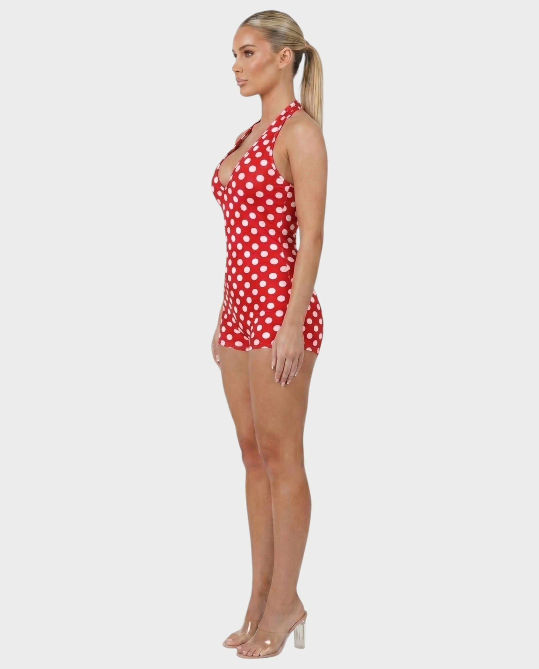 AMESA Retro Polka Dot Halter Tie Romper