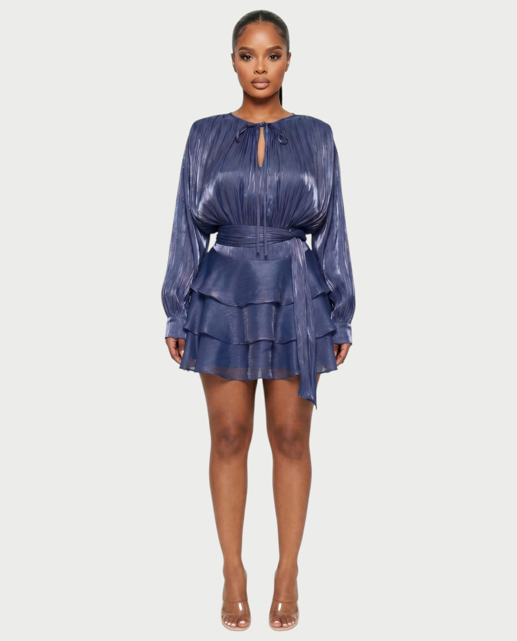CALIMA Tie-Neck Ruffle Waist Mini Dress