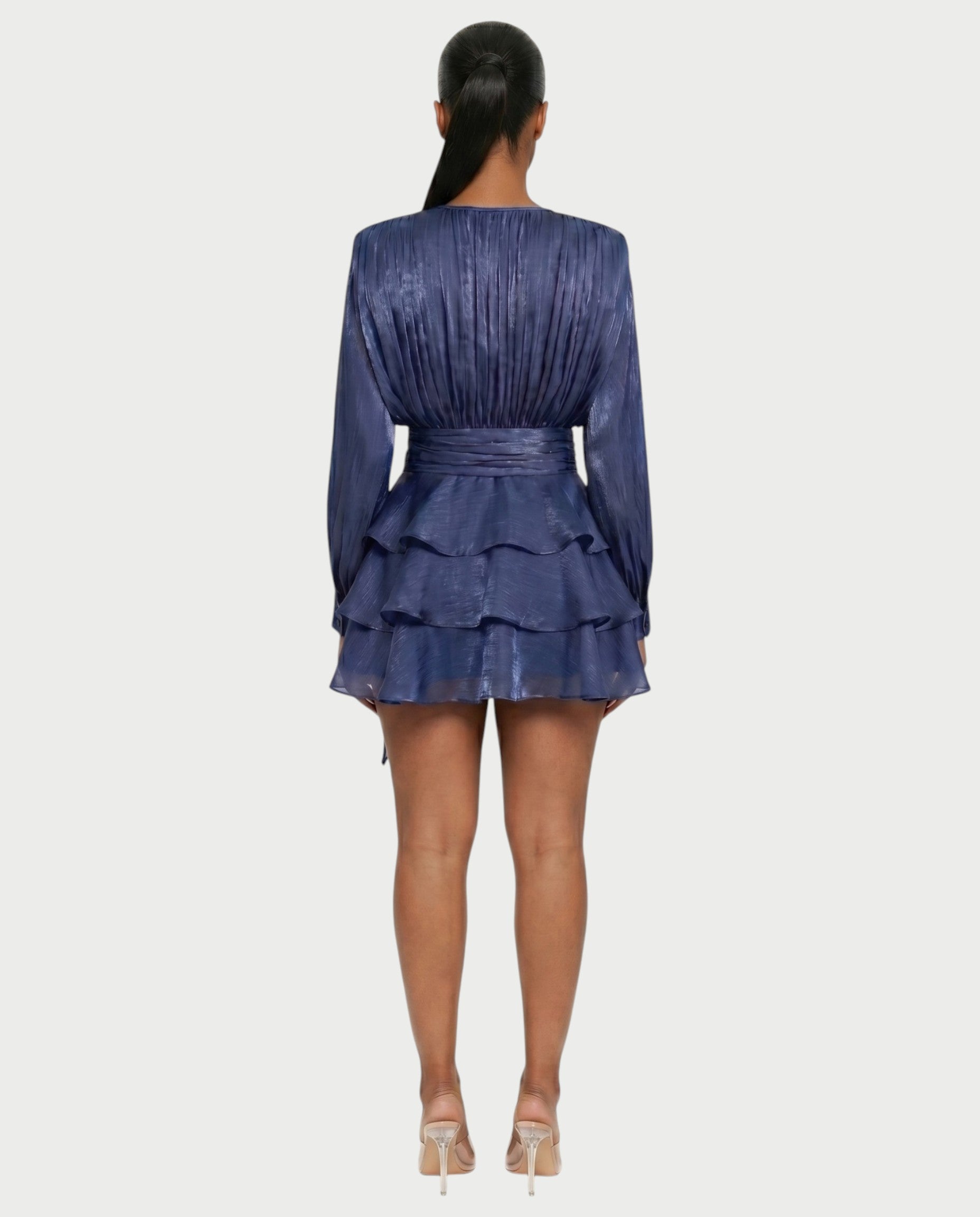CALIMA Tie-Neck Ruffle Waist Mini Dress