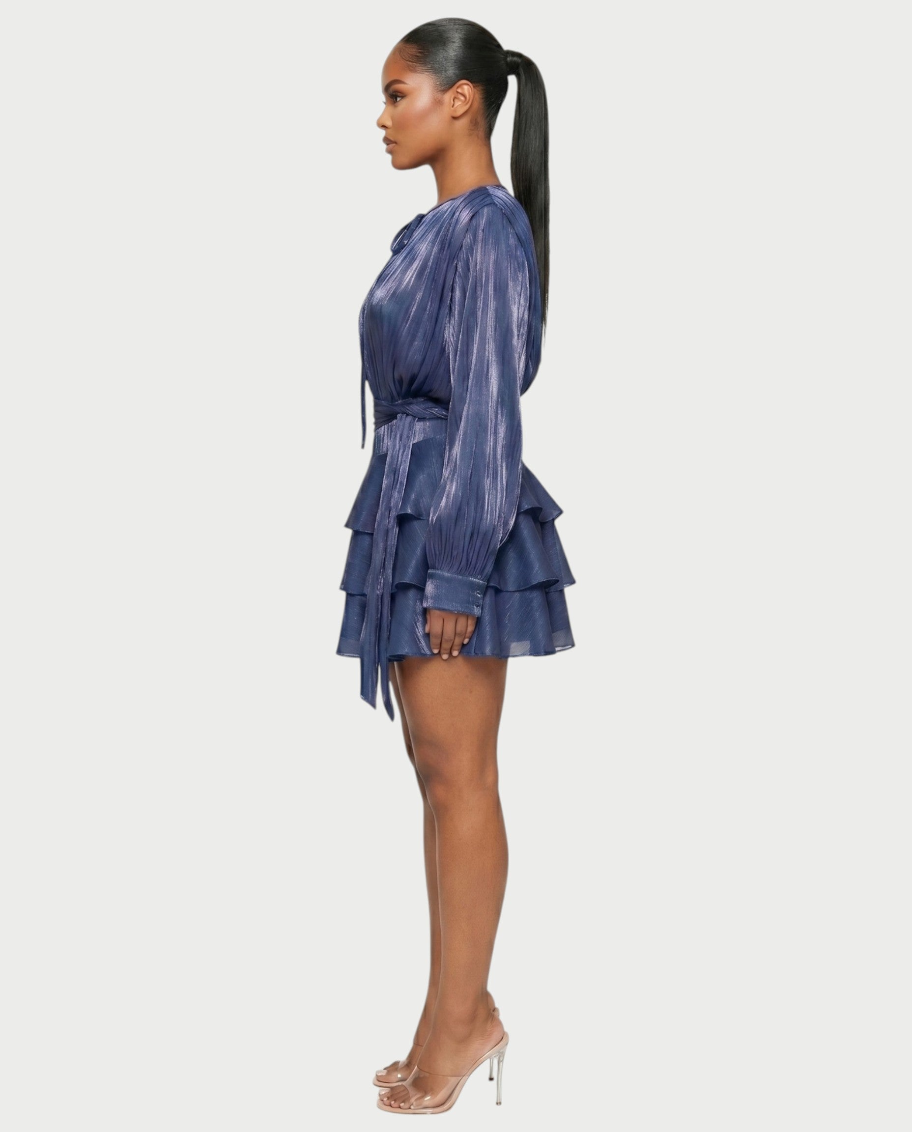 CALIMA Tie-Neck Ruffle Waist Mini Dress