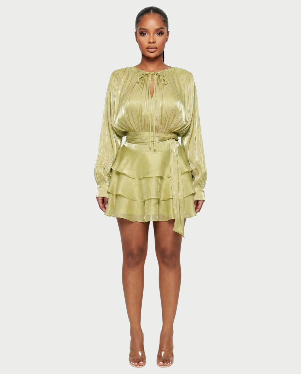 CALIMA Tie-Neck Ruffle Waist Mini Dress