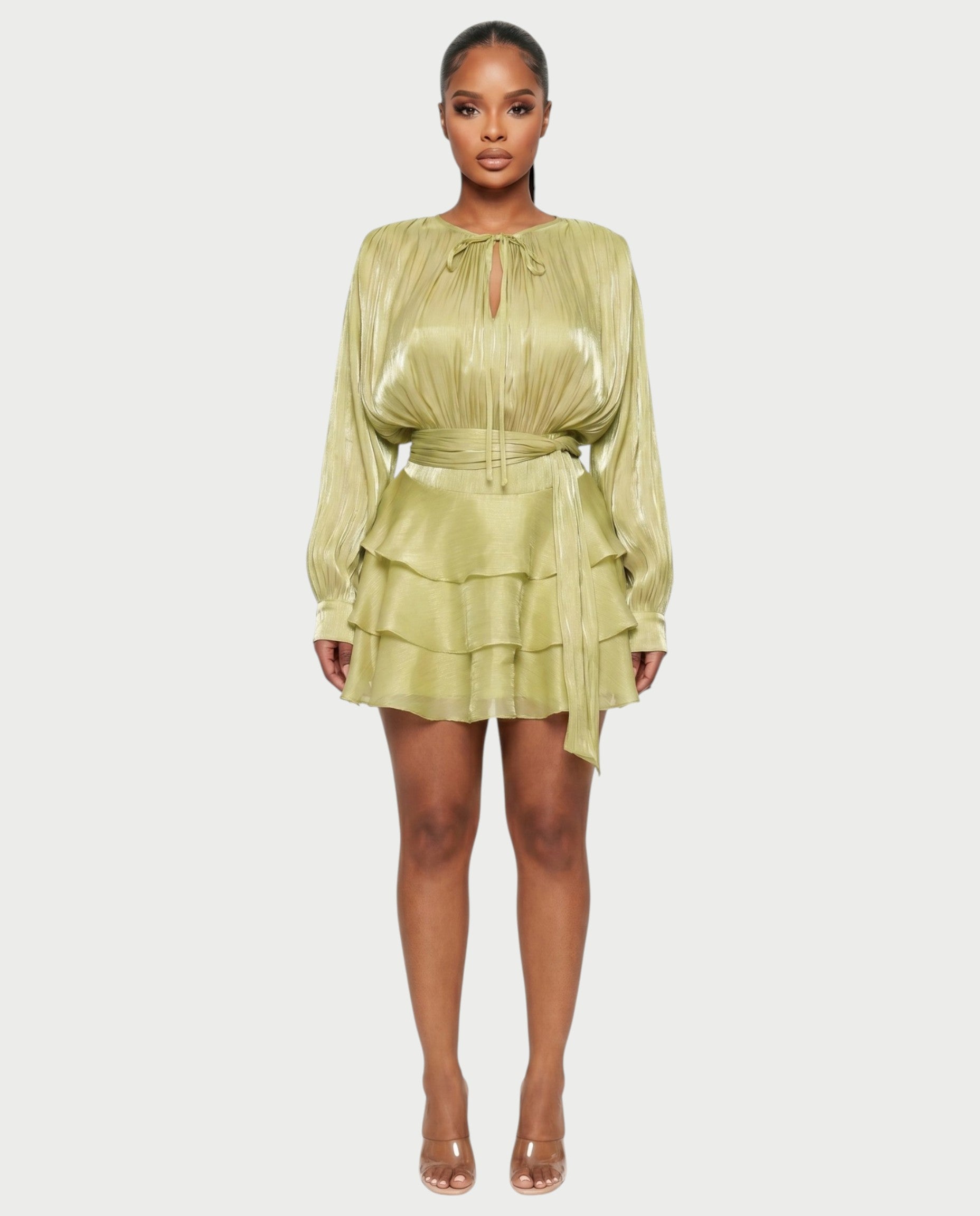 CALIMA Tie-Neck Ruffle Waist Mini Dress