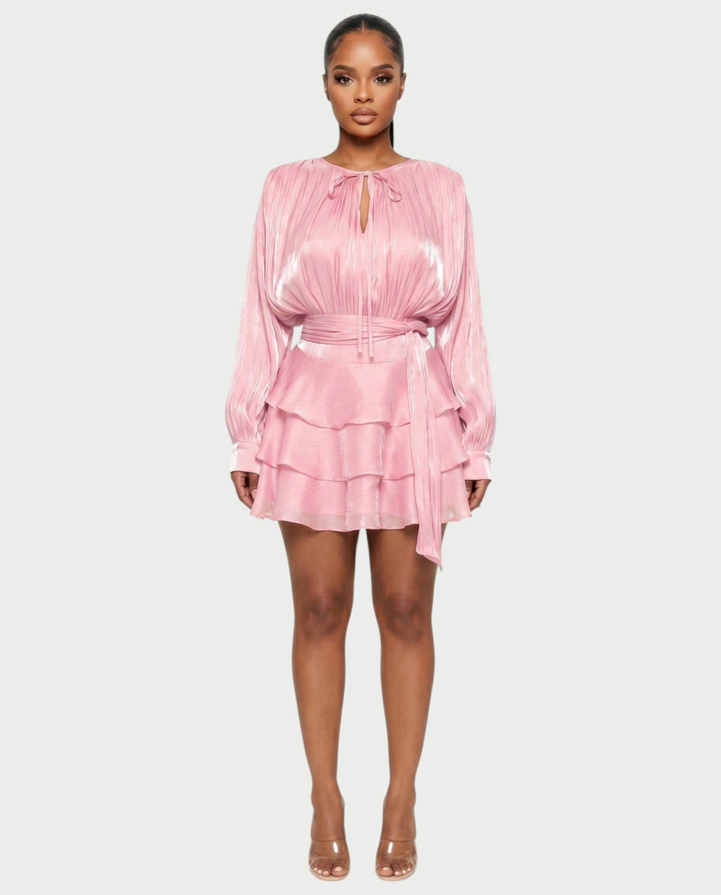 CALIMA Tie-Neck Ruffle Waist Mini Dress
