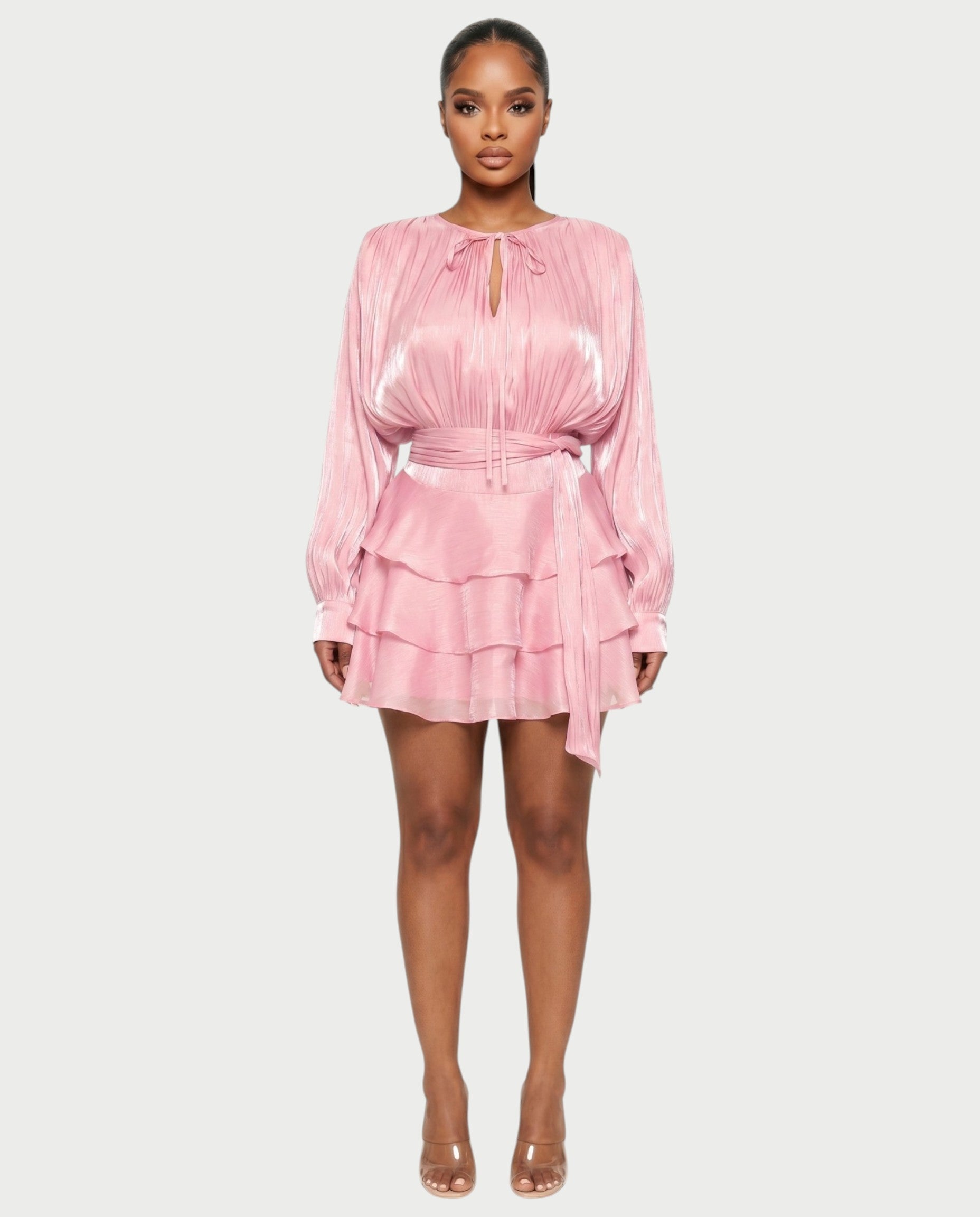 CALIMA Tie-Neck Ruffle Waist Mini Dress