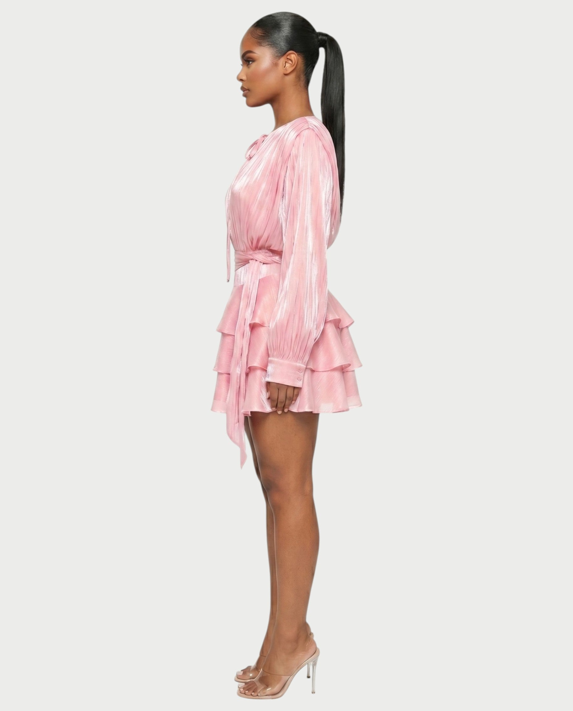 CALIMA Tie-Neck Ruffle Waist Mini Dress