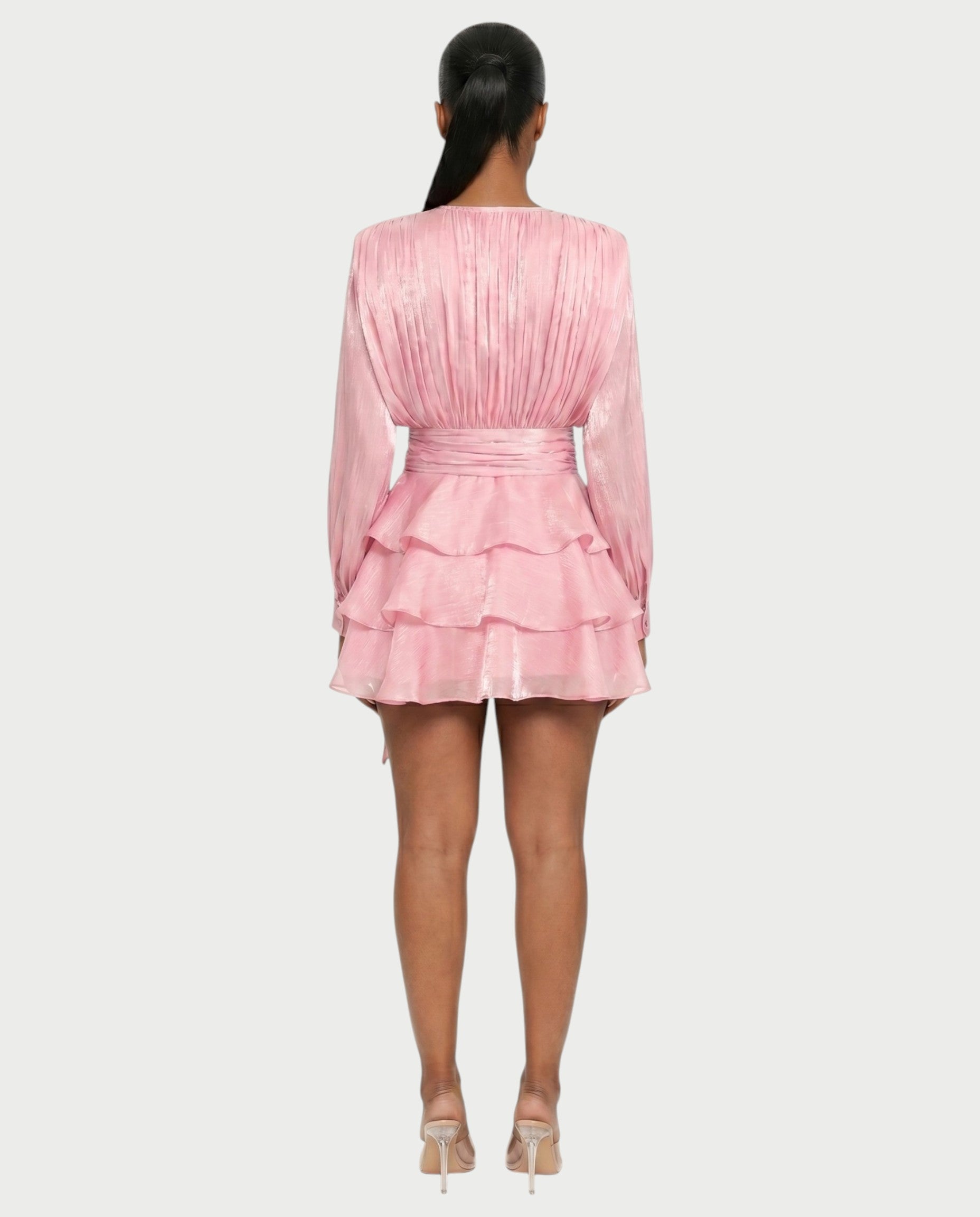 CALIMA Tie-Neck Ruffle Waist Mini Dress