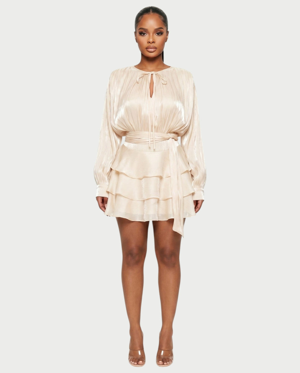 CALIMA Tie-Neck Ruffle Waist Mini Dress