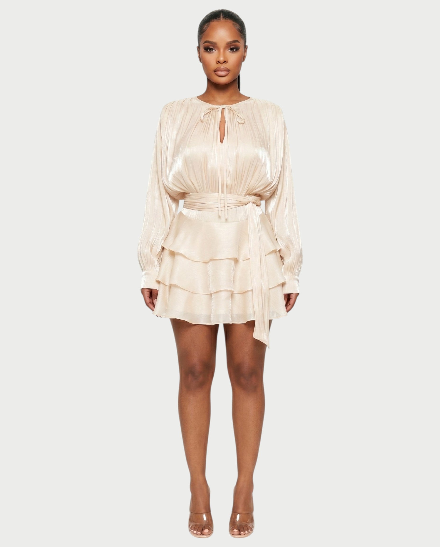 CALIMA Tie-Neck Ruffle Waist Mini Dress