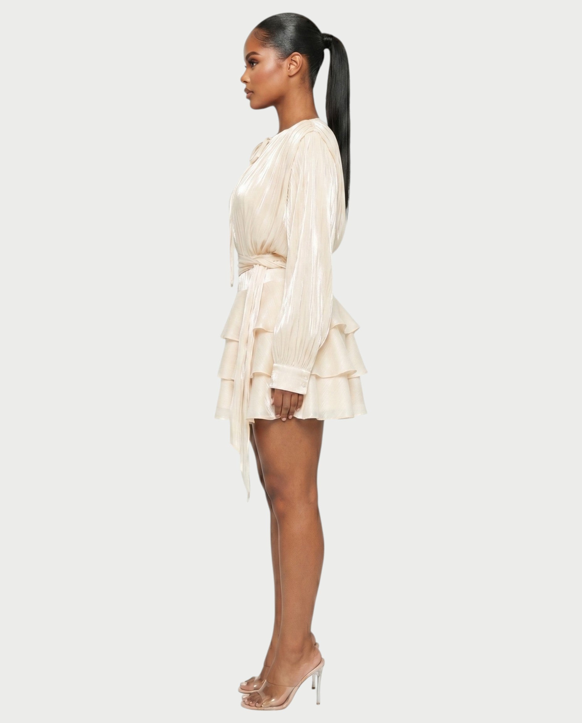 CALIMA Tie-Neck Ruffle Waist Mini Dress