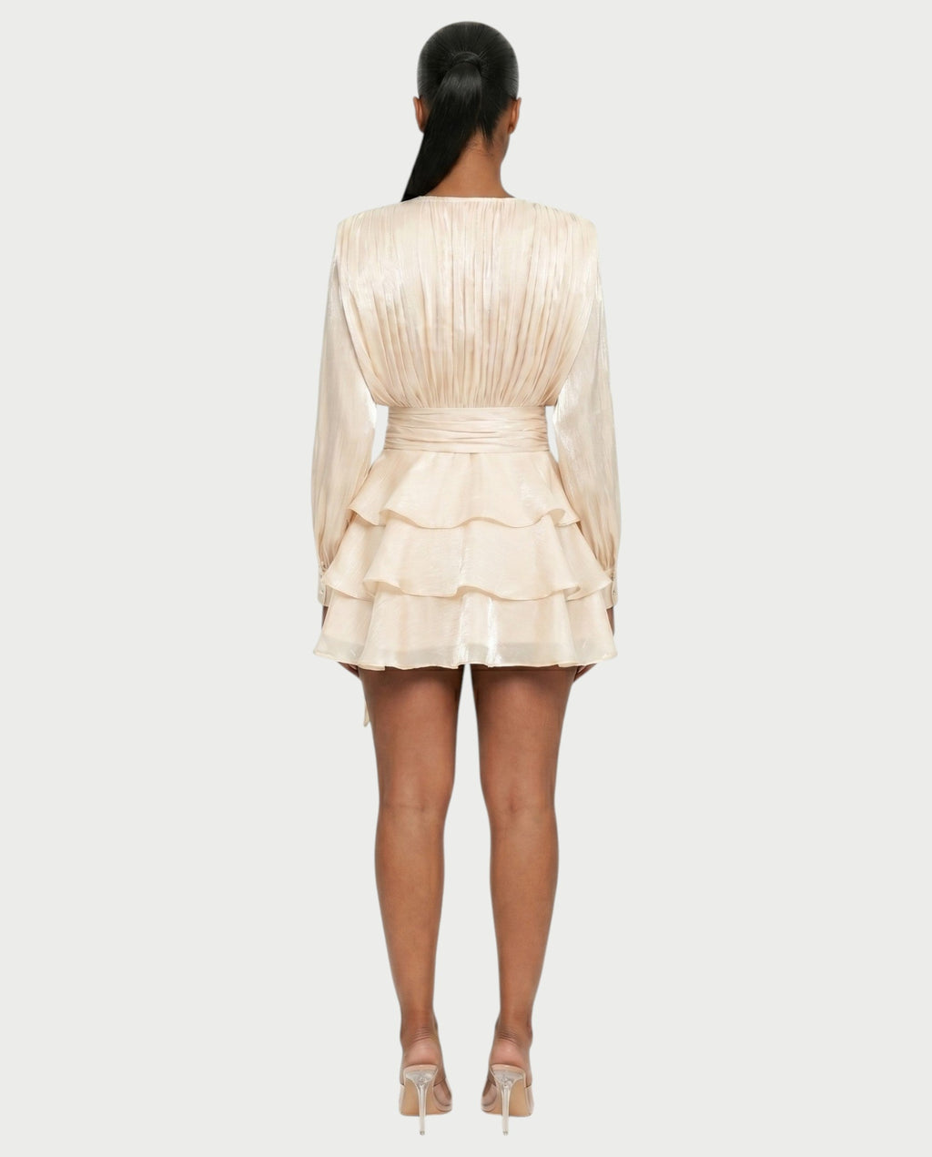 CALIMA Tie-Neck Ruffle Waist Mini Dress