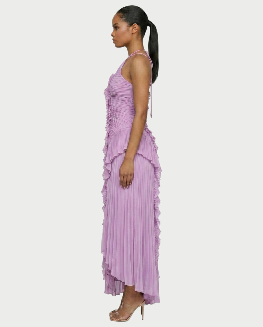 XYLORIA Chiffon Pleated Ruffle Asymmetrical Maxi Dress