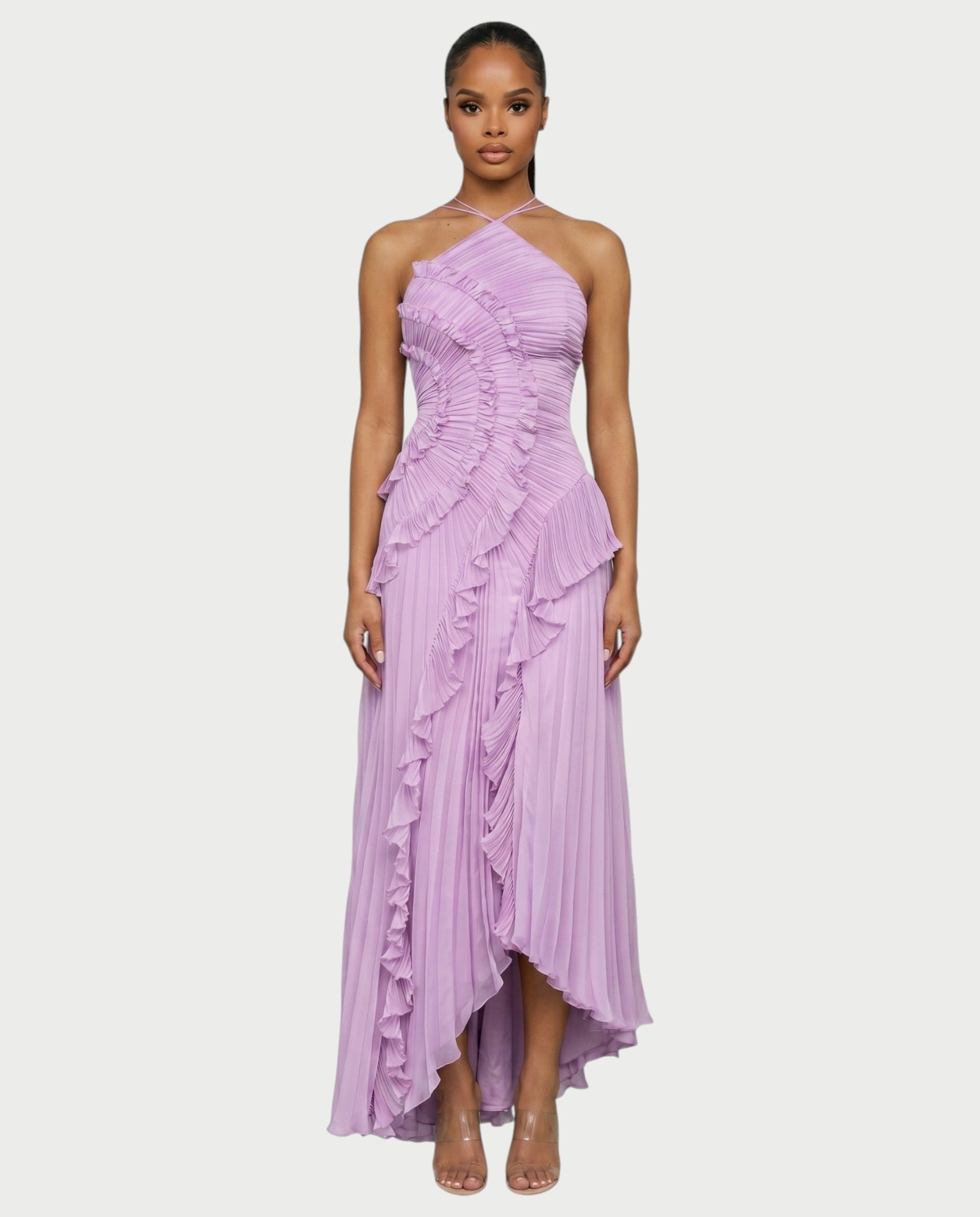 XYLORIA Chiffon Pleated Ruffle Asymmetrical Maxi Dress