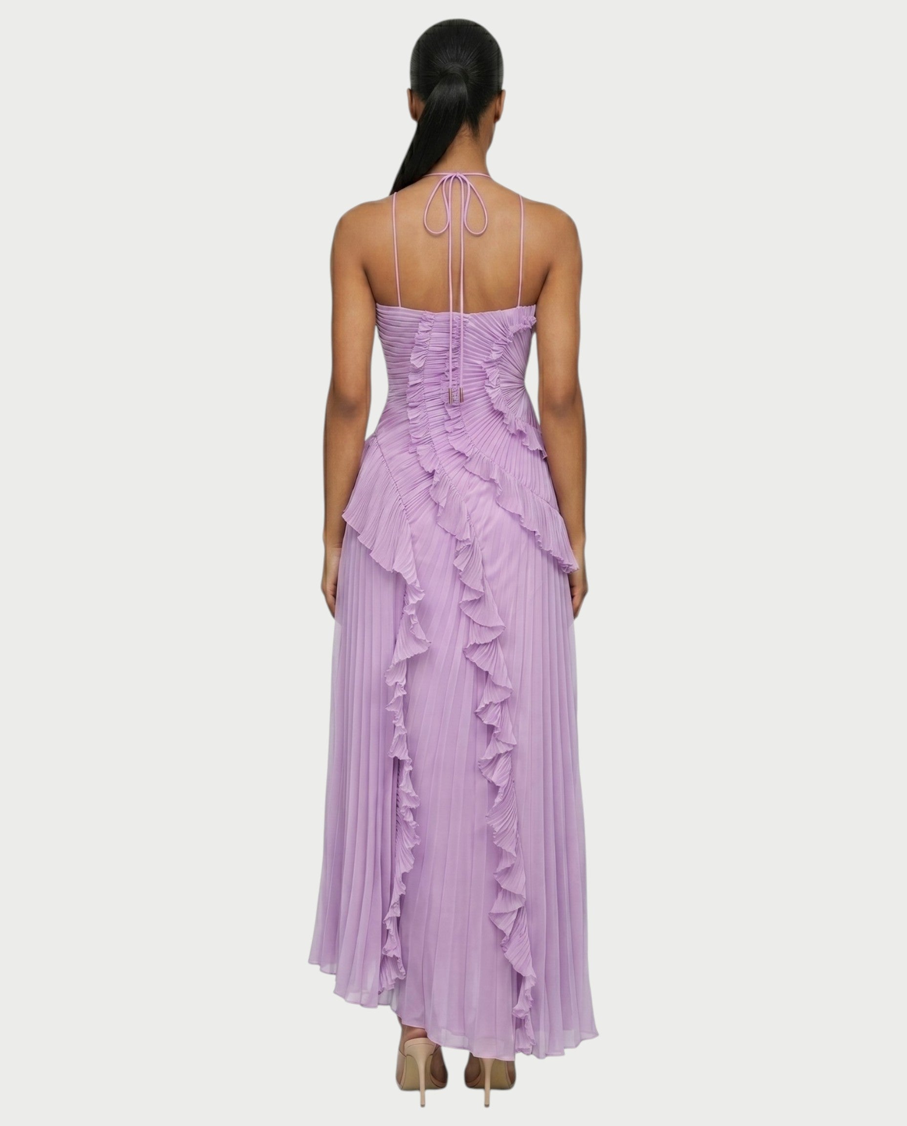XYLORIA Chiffon Pleated Ruffle Asymmetrical Maxi Dress