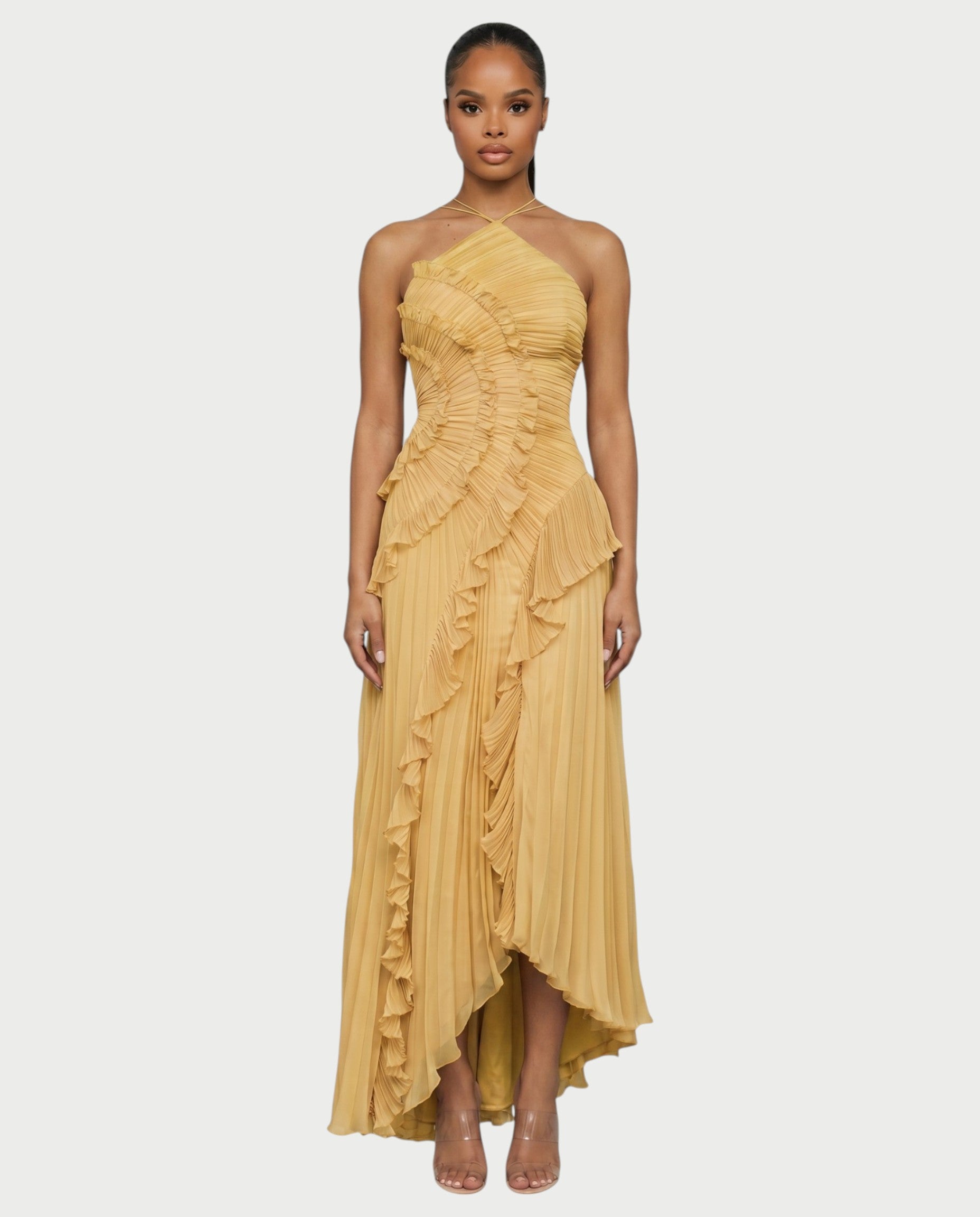 XYLORIA Chiffon Pleated Ruffle Asymmetrical Maxi Dress