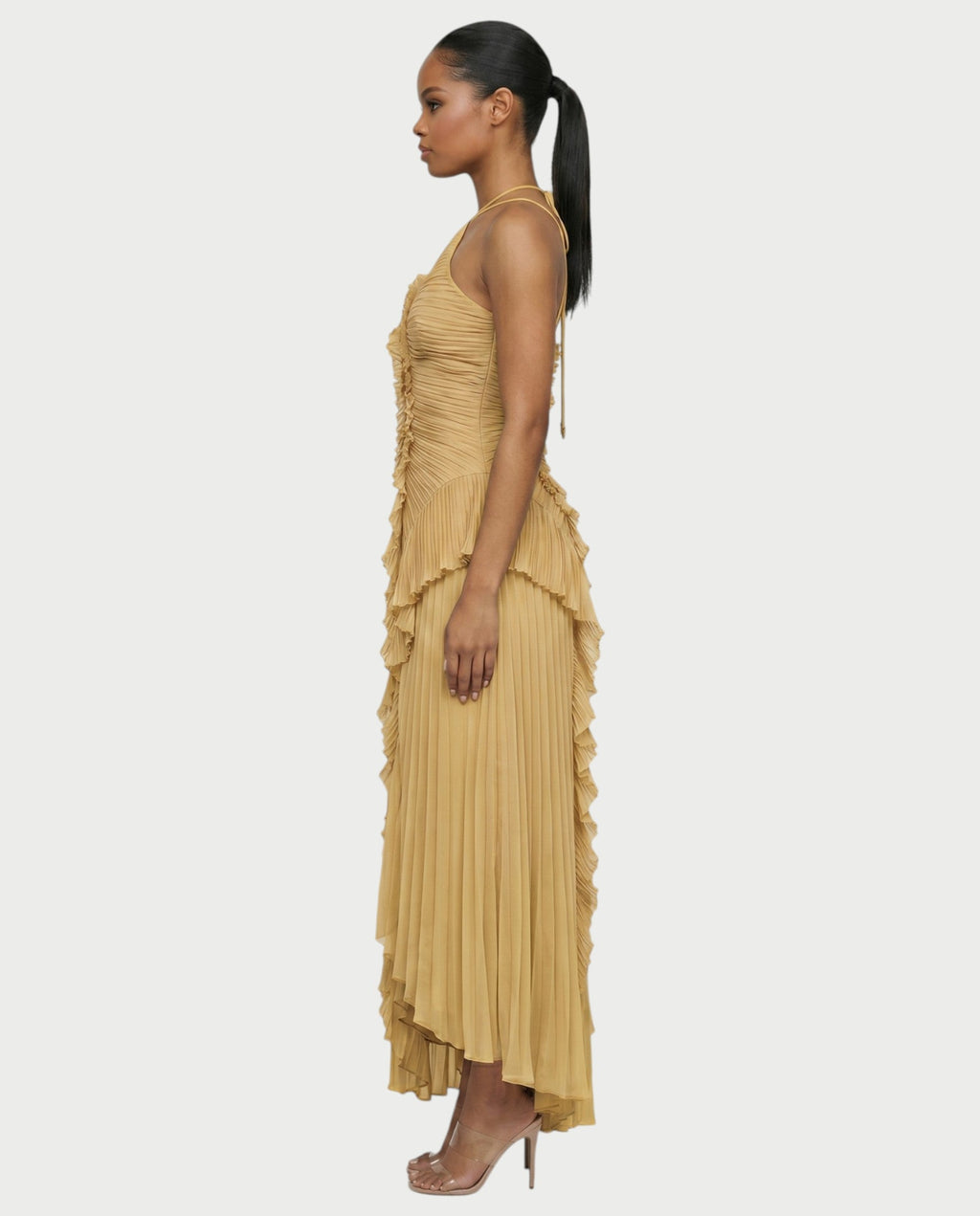 XYLORIA Chiffon Pleated Ruffle Asymmetrical Maxi Dress