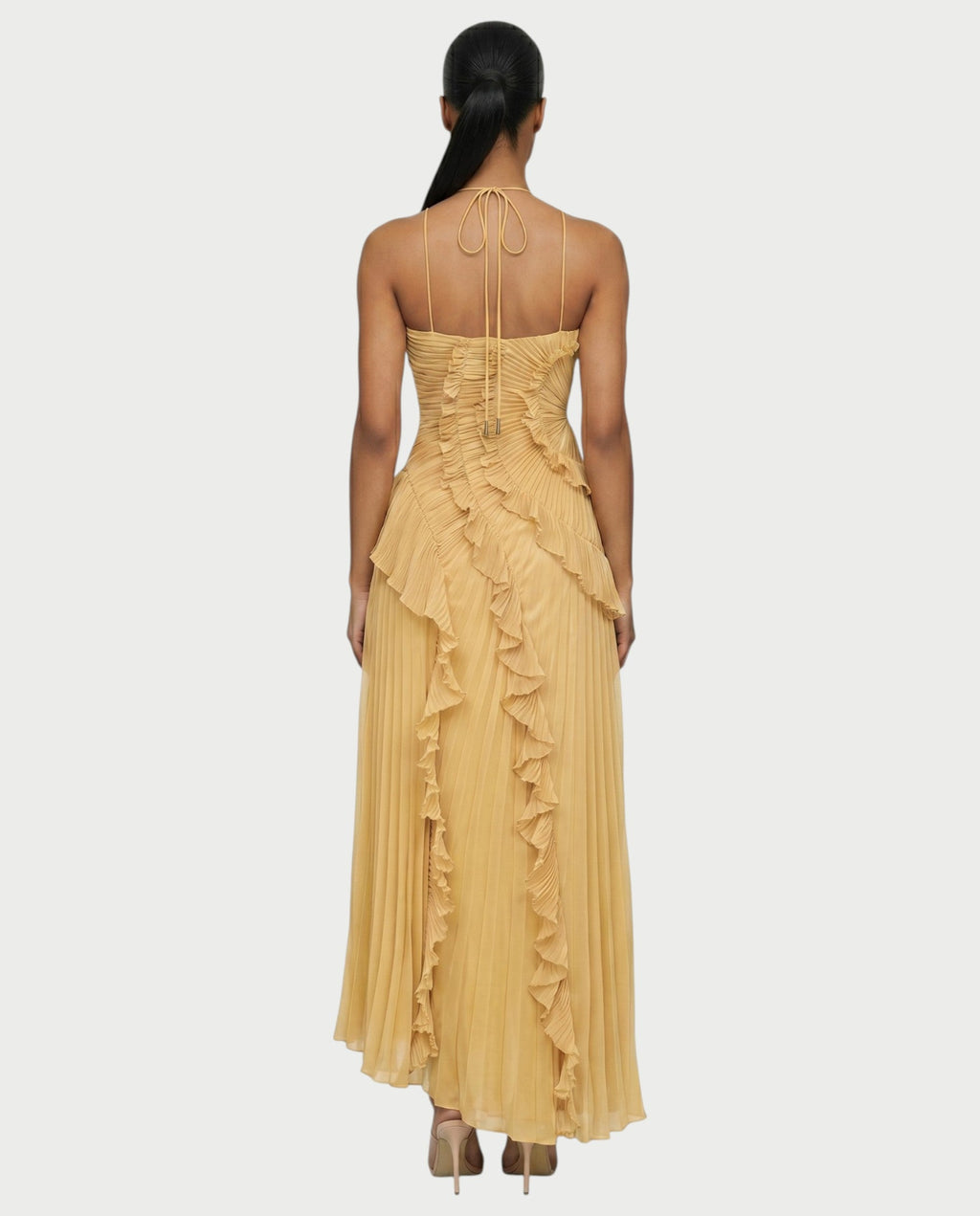 XYLORIA Chiffon Pleated Ruffle Asymmetrical Maxi Dress