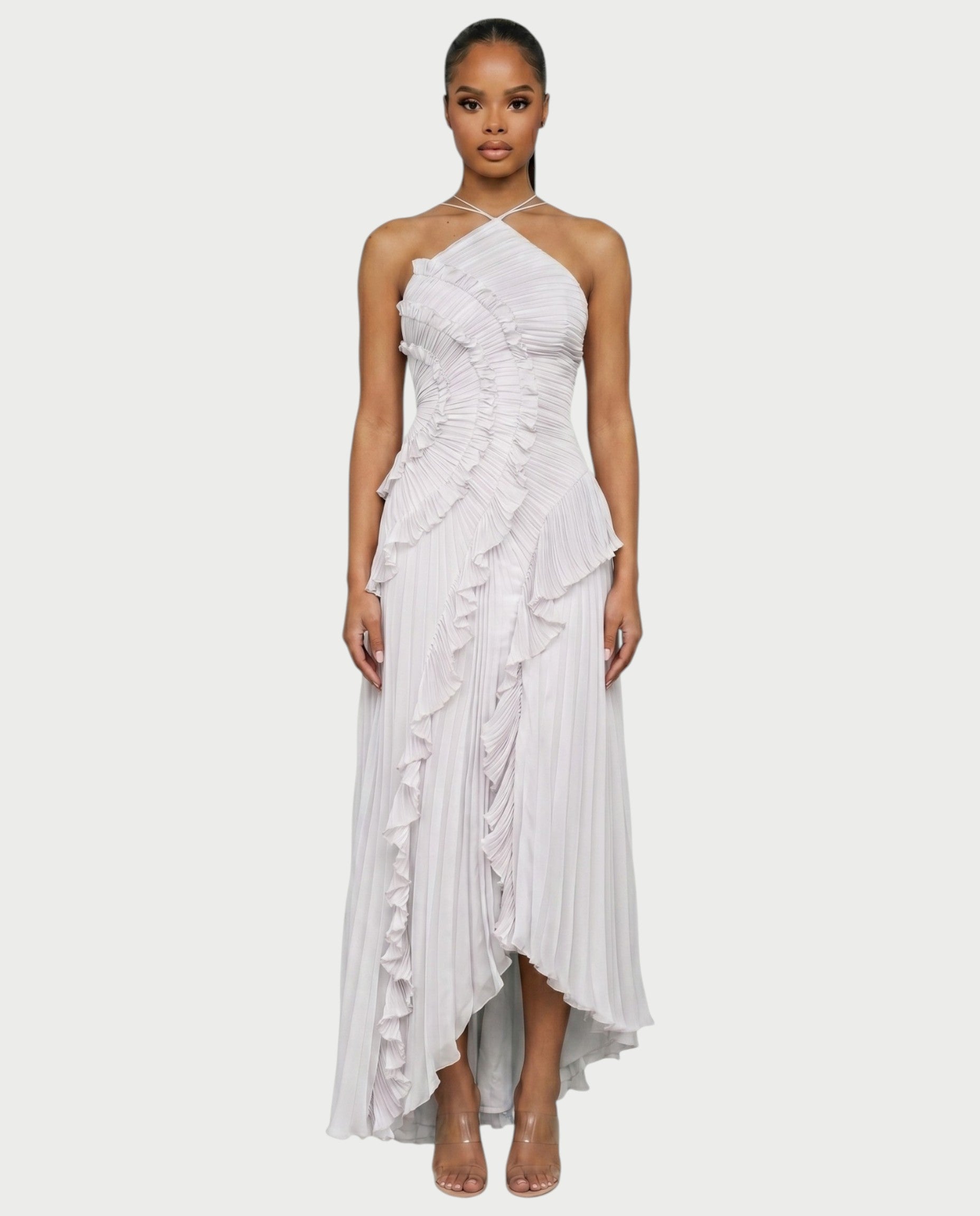 XYLORIA Chiffon Pleated Ruffle Asymmetrical Maxi Dress