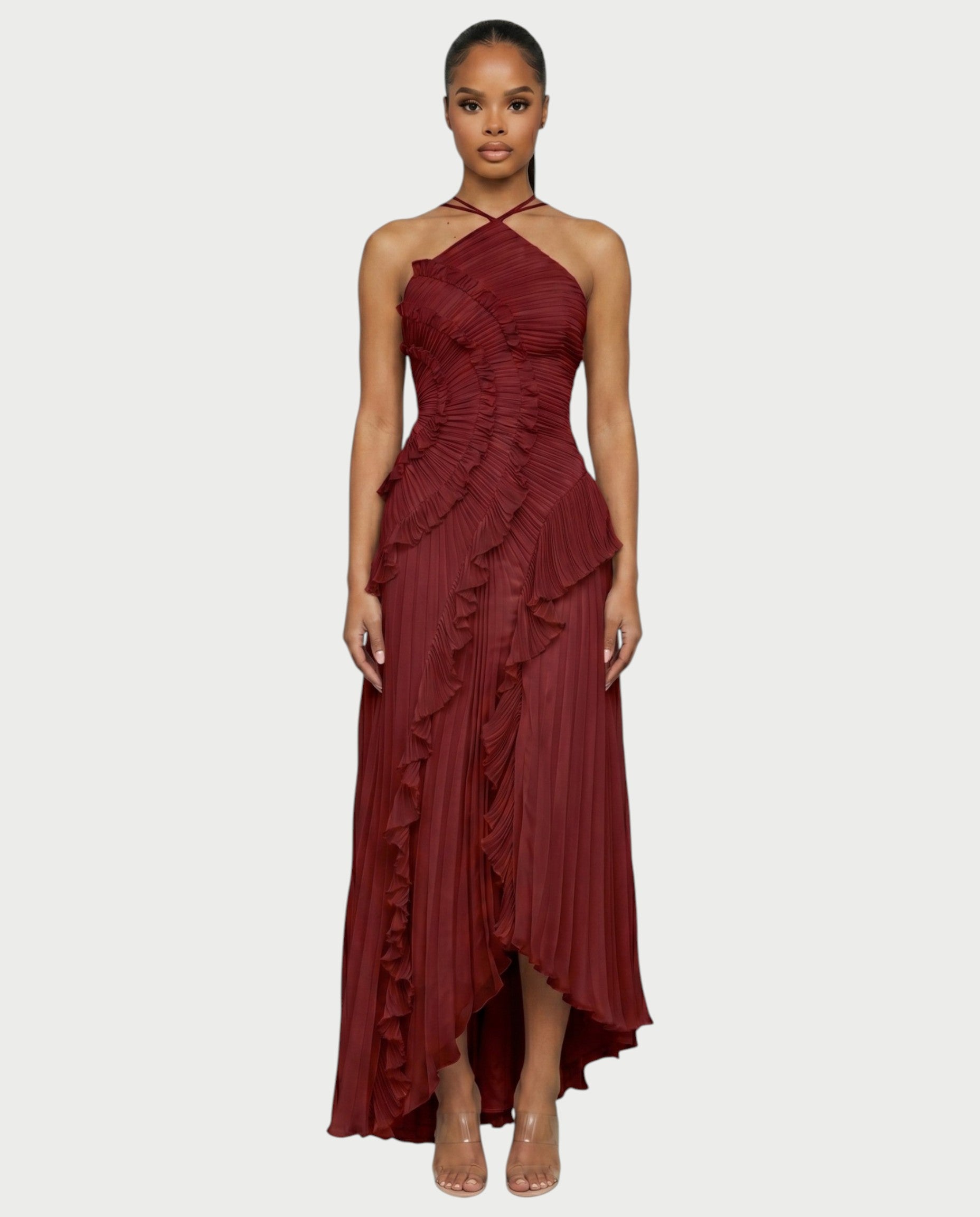 XYLORIA Chiffon Pleated Ruffle Asymmetrical Maxi Dress