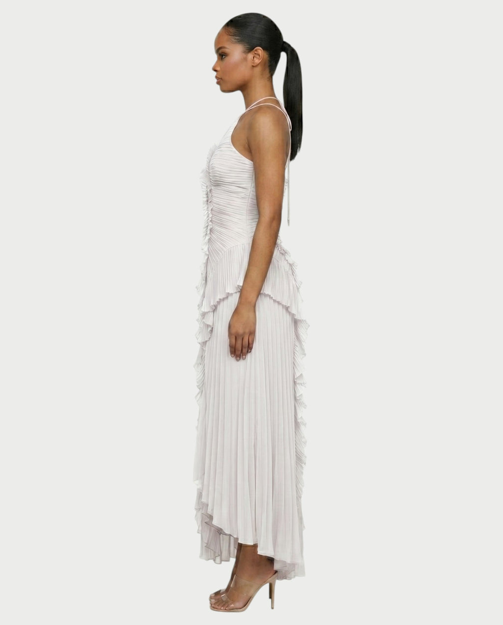 XYLORIA Chiffon Pleated Ruffle Asymmetrical Maxi Dress