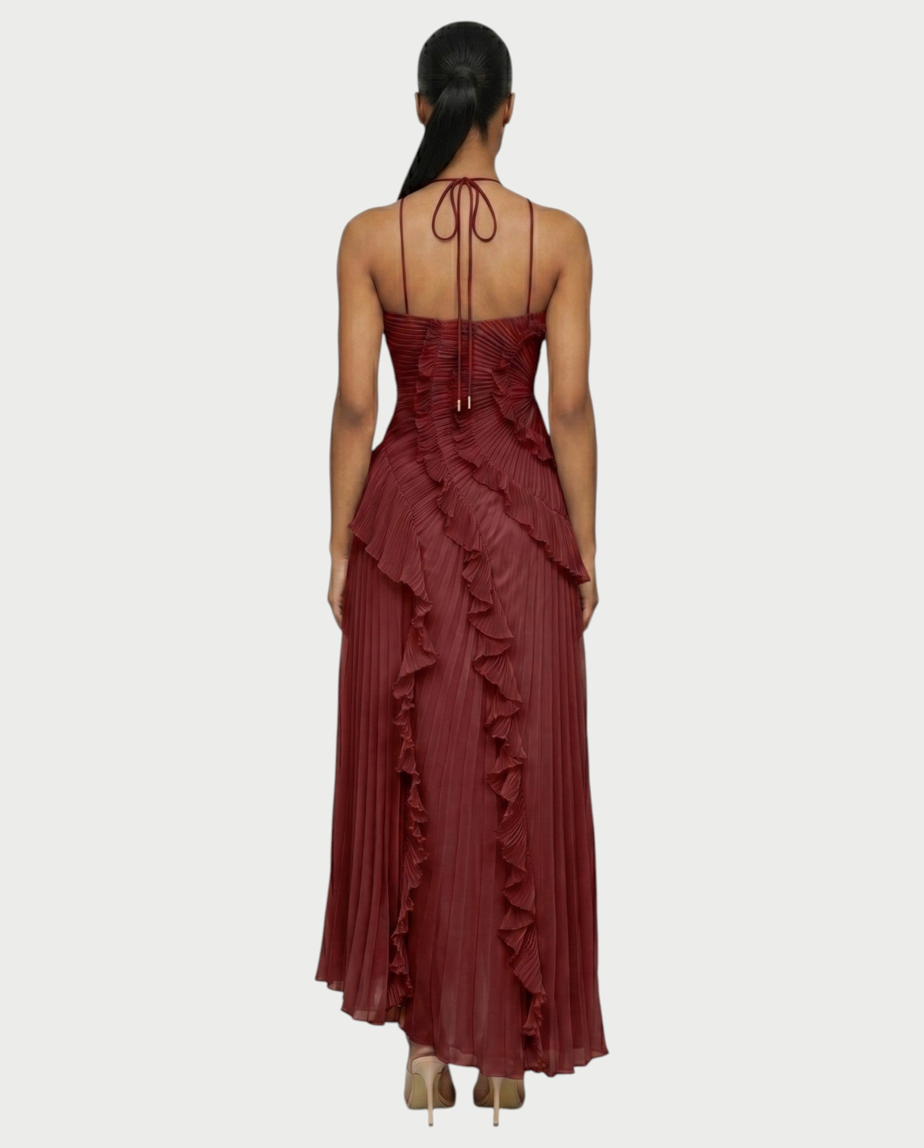 XYLORIA Chiffon Pleated Ruffle Asymmetrical Maxi Dress