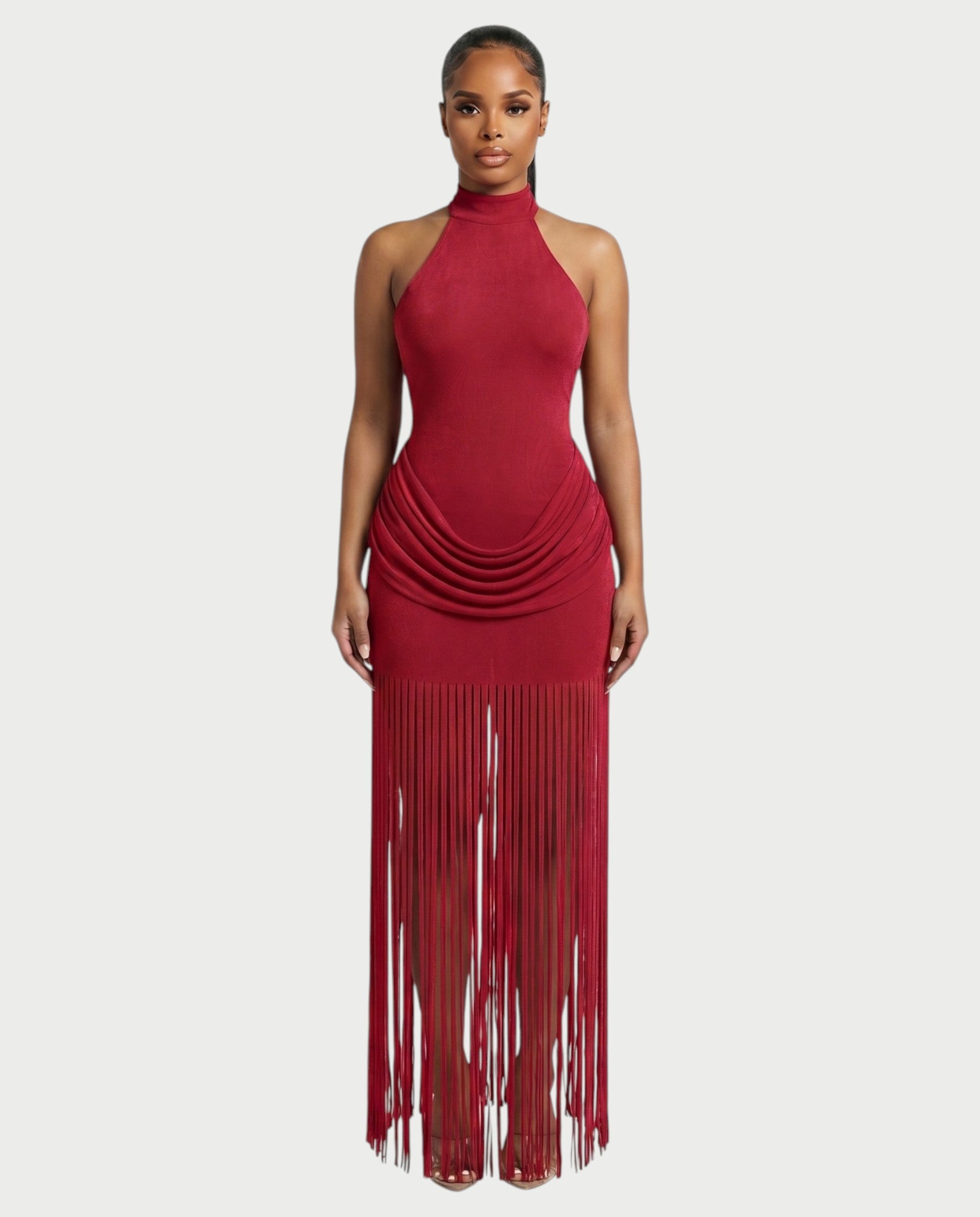 HIRANA Halter Neck Draped Fringe Maxi Dress