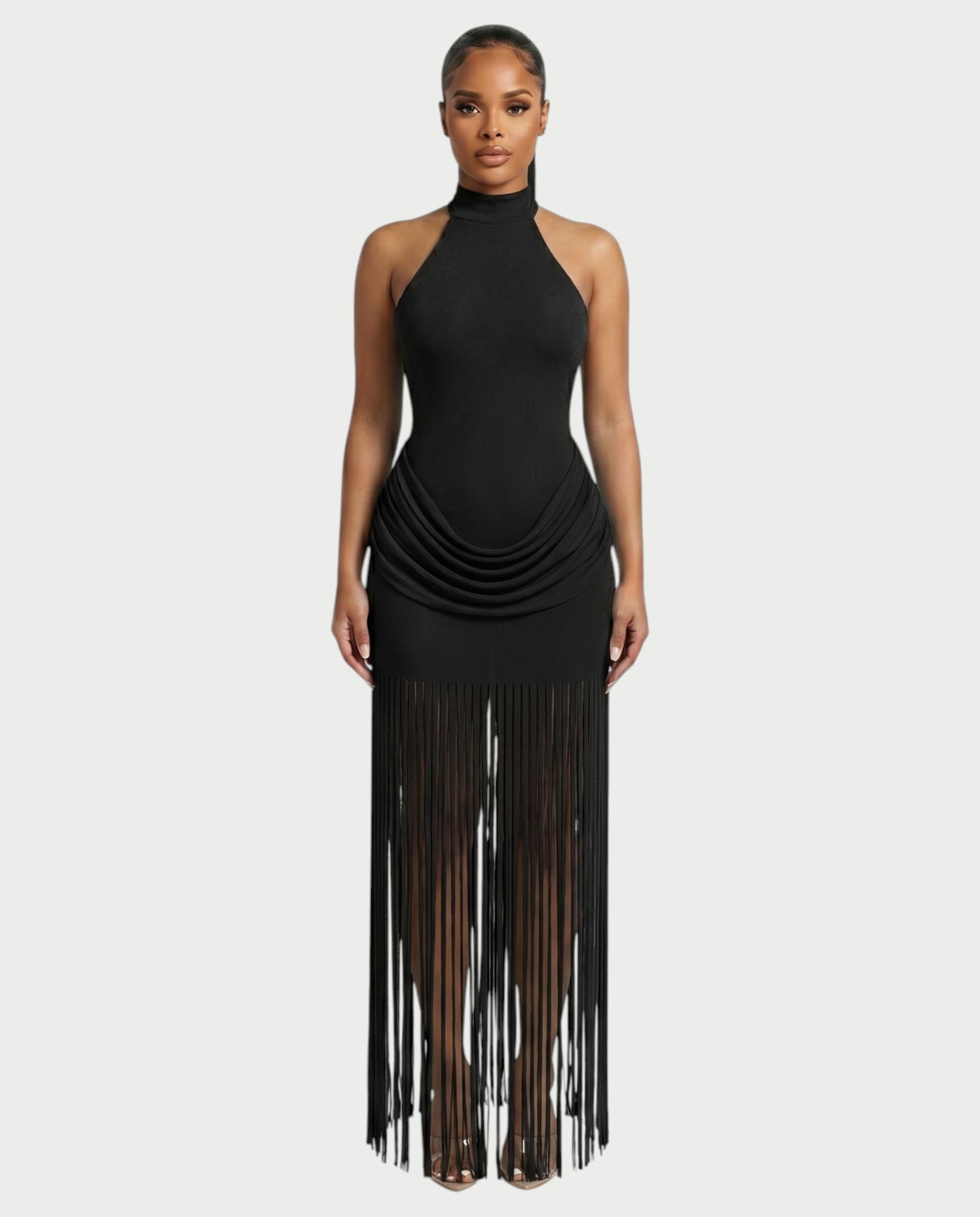 HIRANA Halter Neck Draped Fringe Maxi Dress
