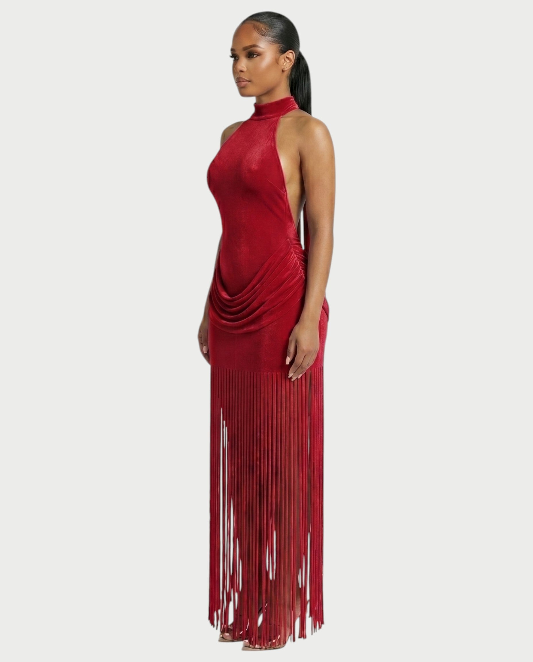 HIRANA Halter Neck Draped Fringe Maxi Dress