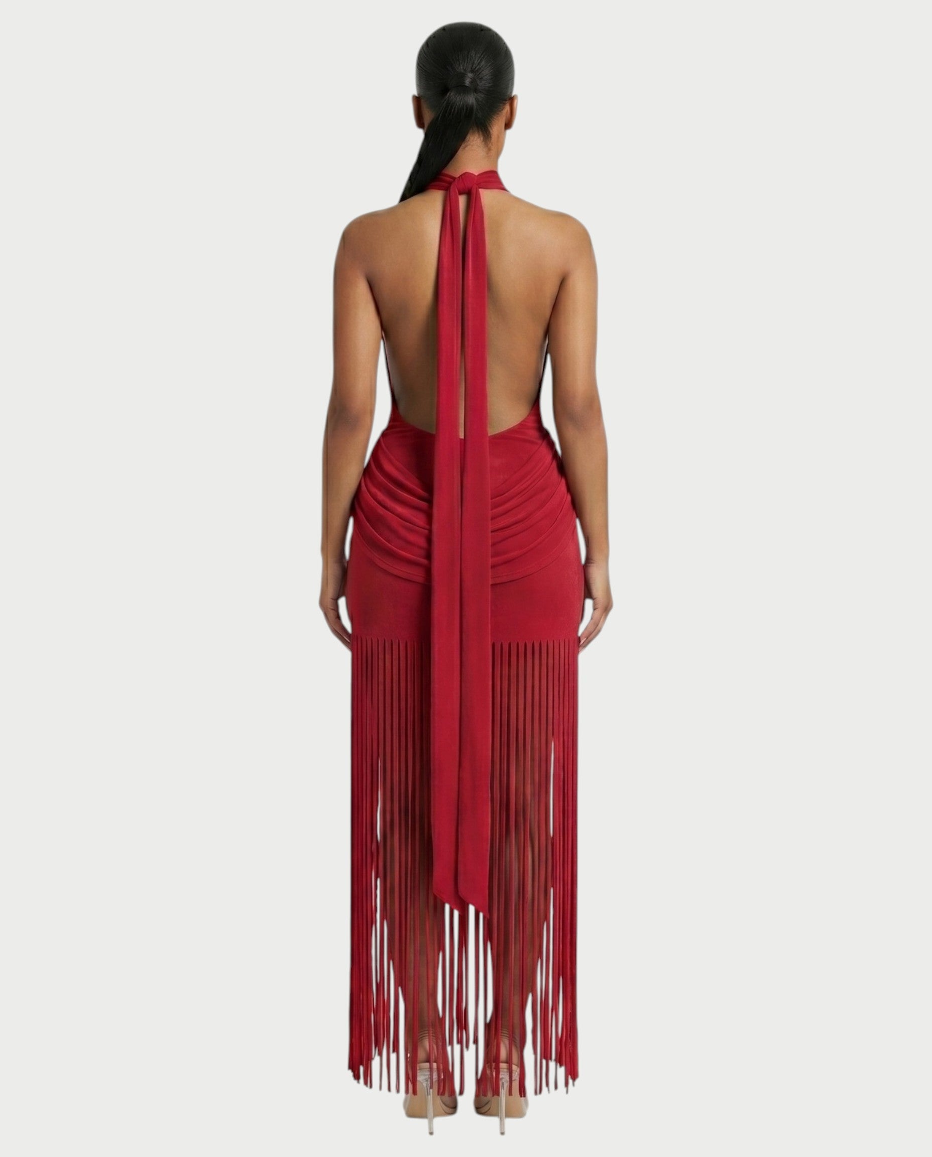 HIRANA Halter Neck Draped Fringe Maxi Dress
