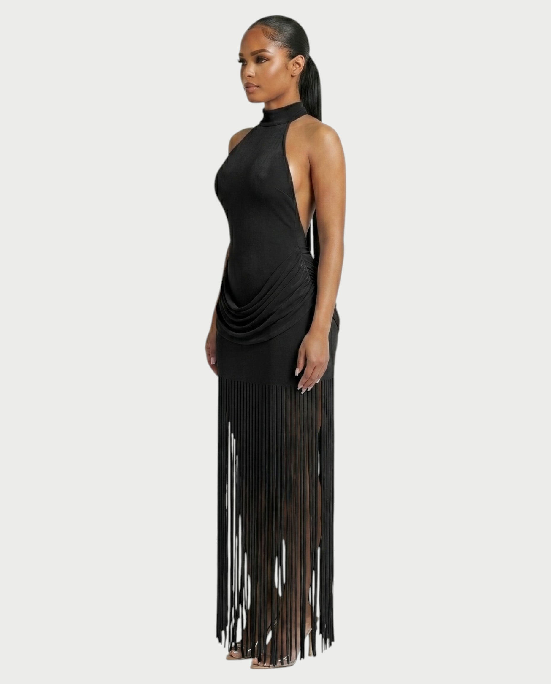 HIRANA Halter Neck Draped Fringe Maxi Dress