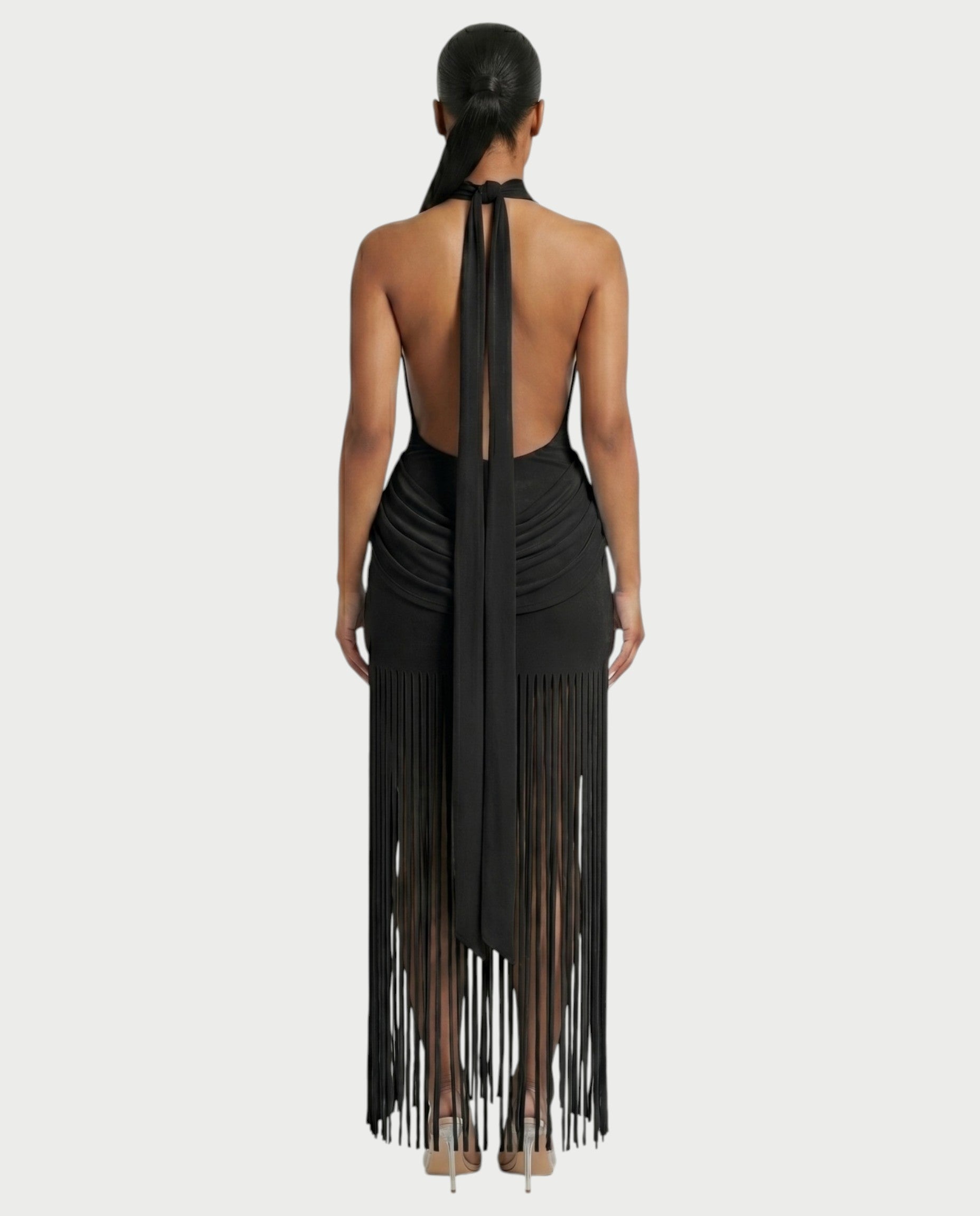 HIRANA Halter Neck Draped Fringe Maxi Dress