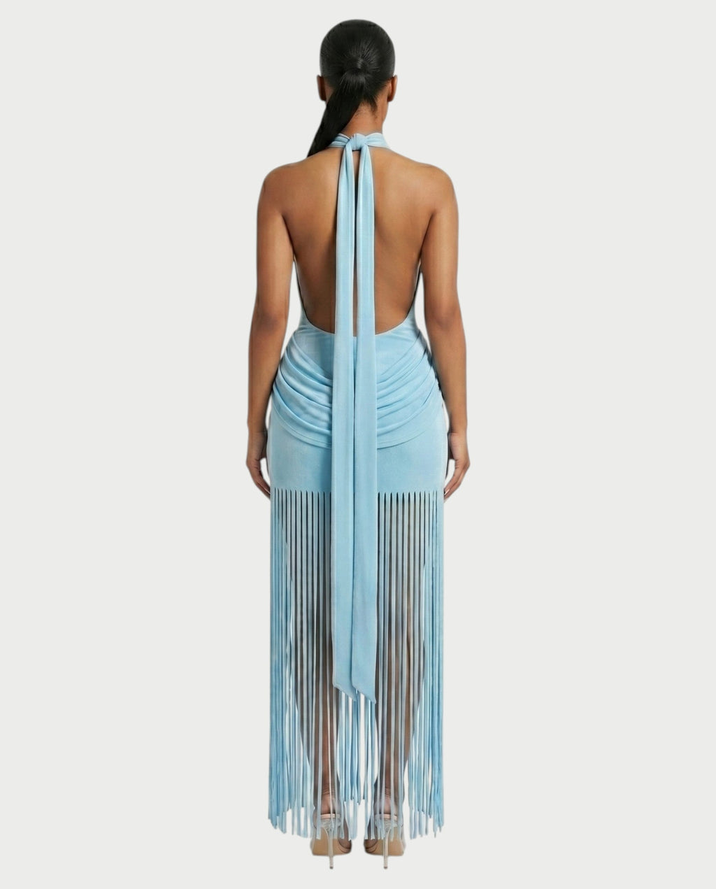 HIRANA Halter Neck Draped Fringe Maxi Dress