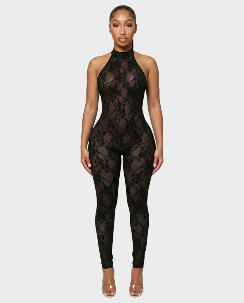 QIRELLA Sheer Lace Backless Bodycon Jumpsuit