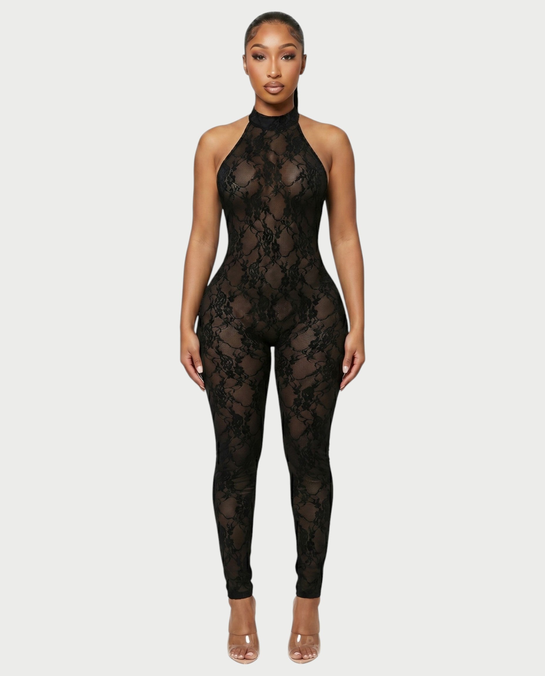 QIRELLA Sheer Lace Backless Bodycon Jumpsuit