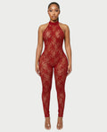 QIRELLA Sheer Lace Backless Bodycon Jumpsuit