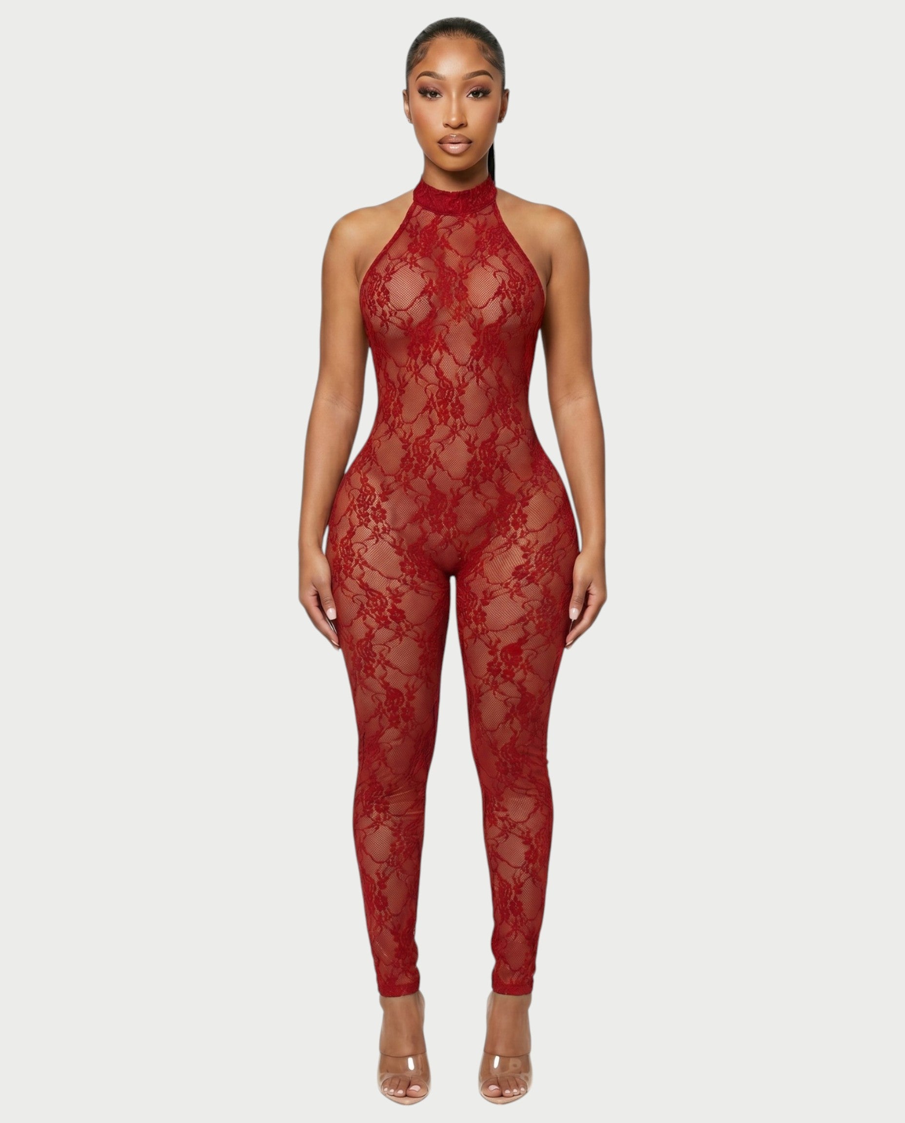 QIRELLA Sheer Lace Backless Bodycon Jumpsuit