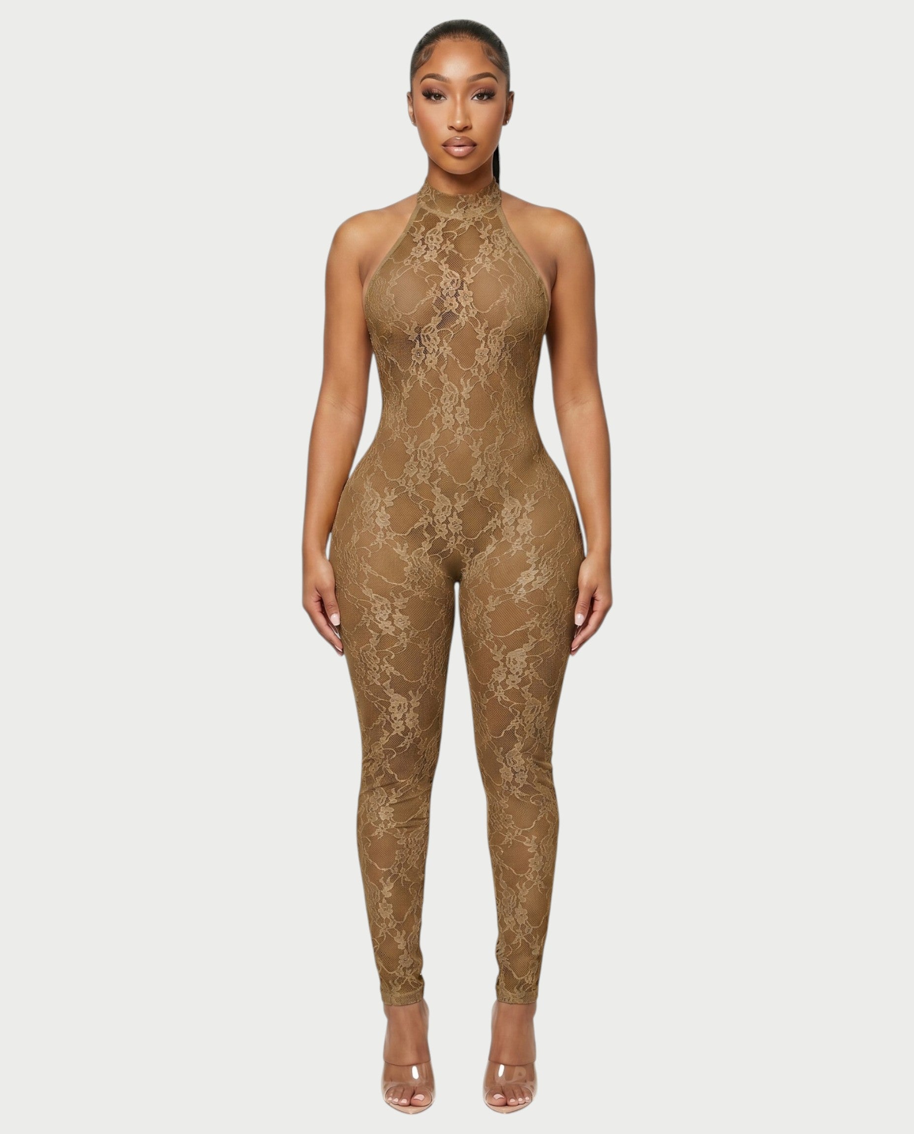 QIRELLA Sheer Lace Backless Bodycon Jumpsuit