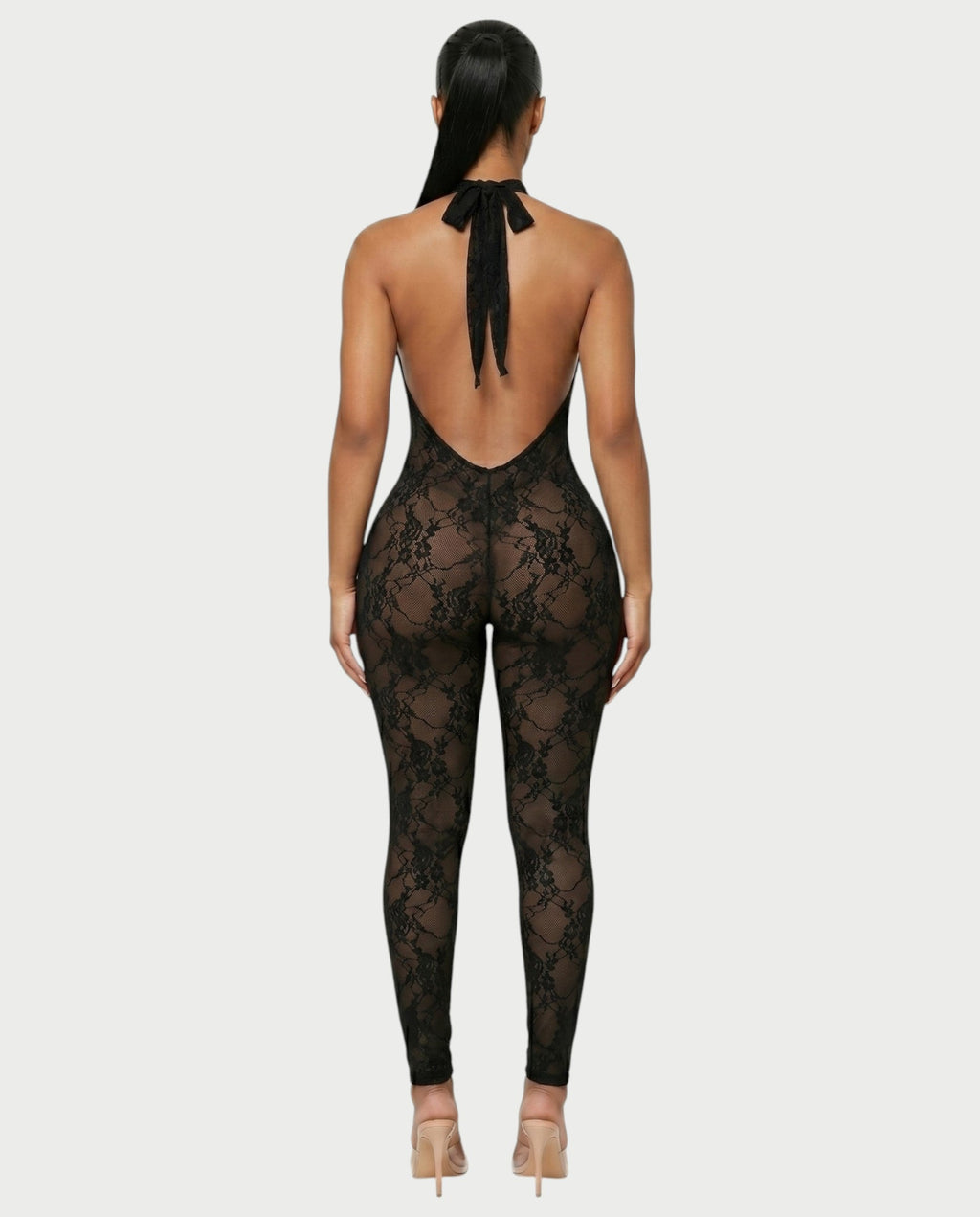 QIRELLA Sheer Lace Backless Bodycon Jumpsuit