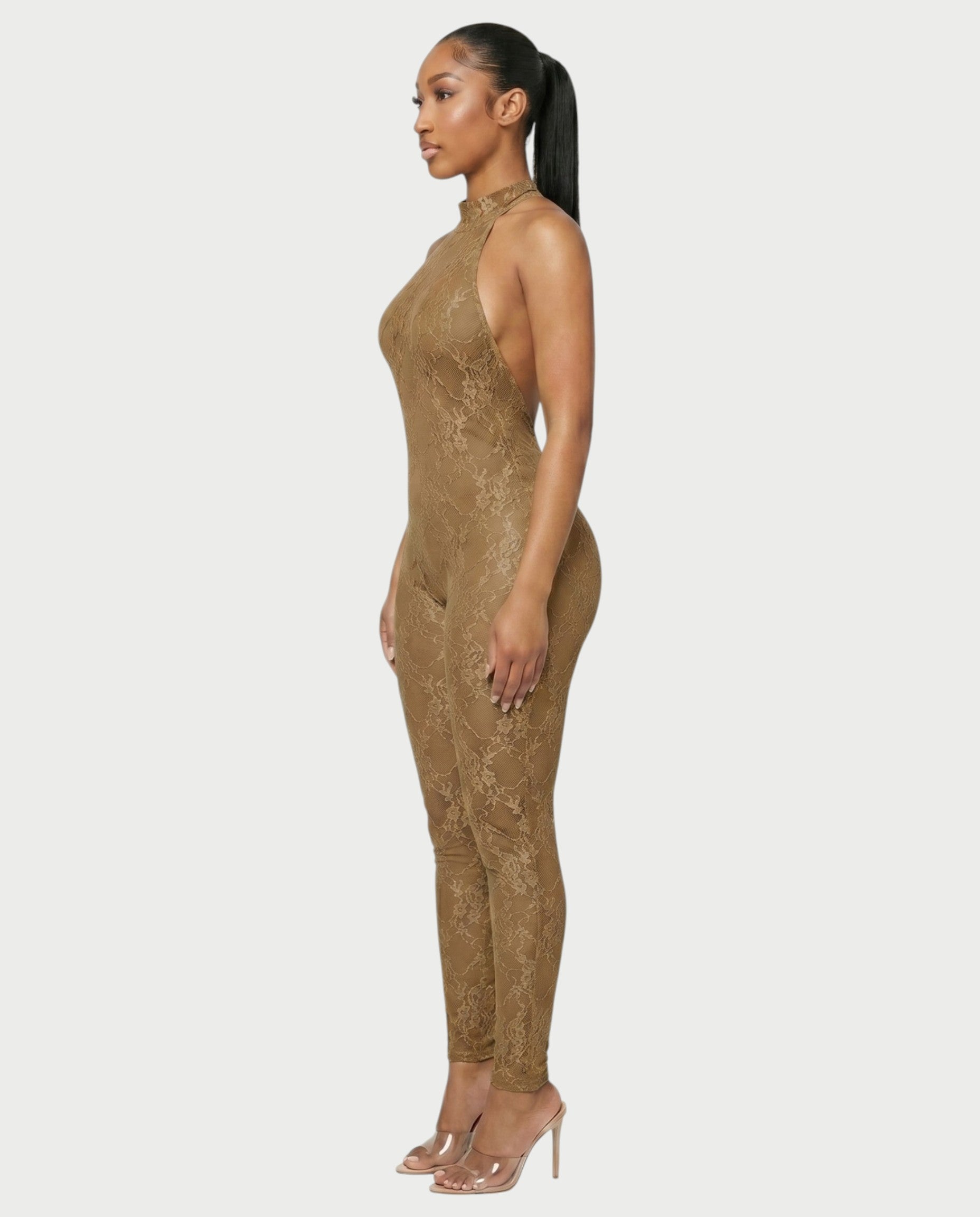 QIRELLA Sheer Lace Backless Bodycon Jumpsuit