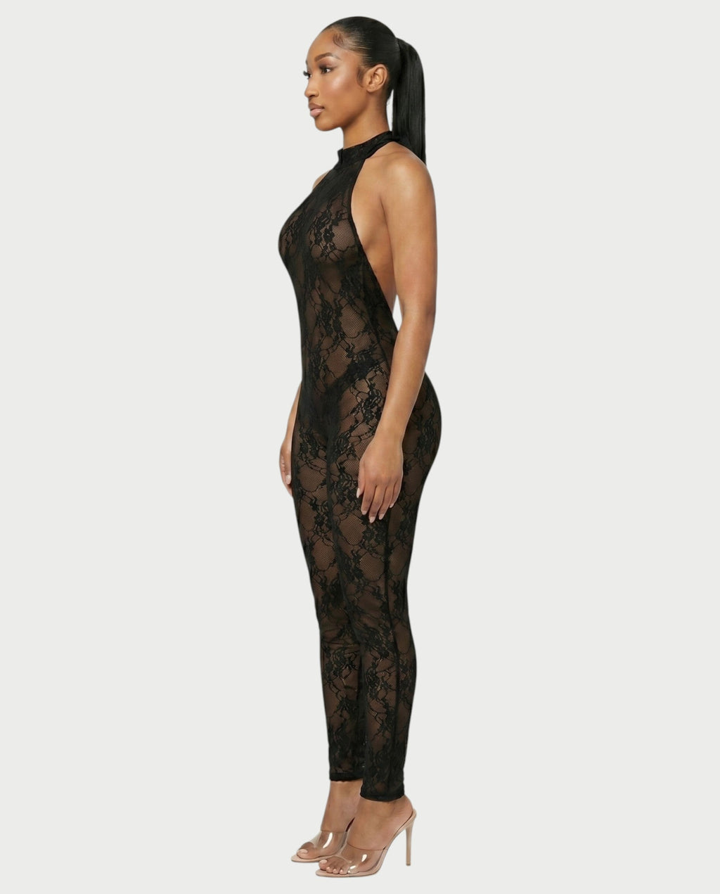 QIRELLA Sheer Lace Backless Bodycon Jumpsuit